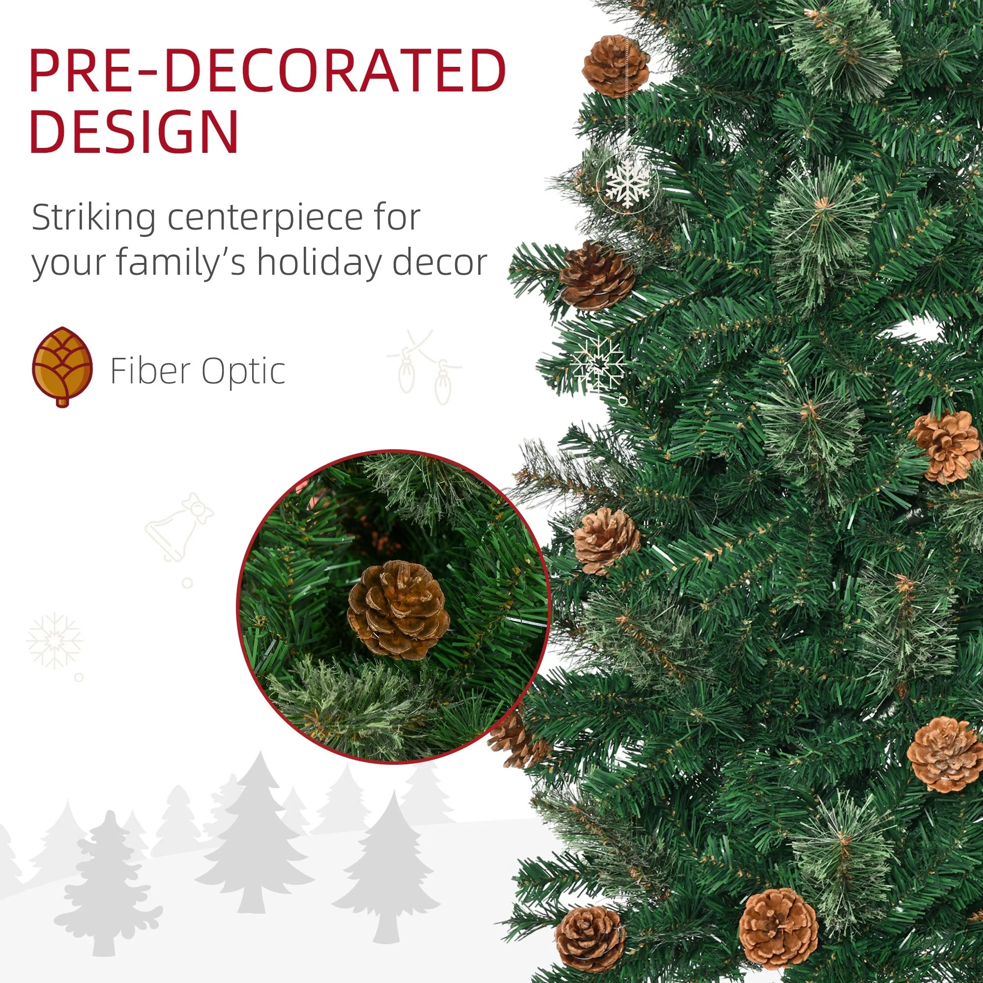 Slim 7.5' Unlit Pencil Christmas Tree with Realistic Pine Branches and Pine Cones, Easy Assembly for Small Spaces