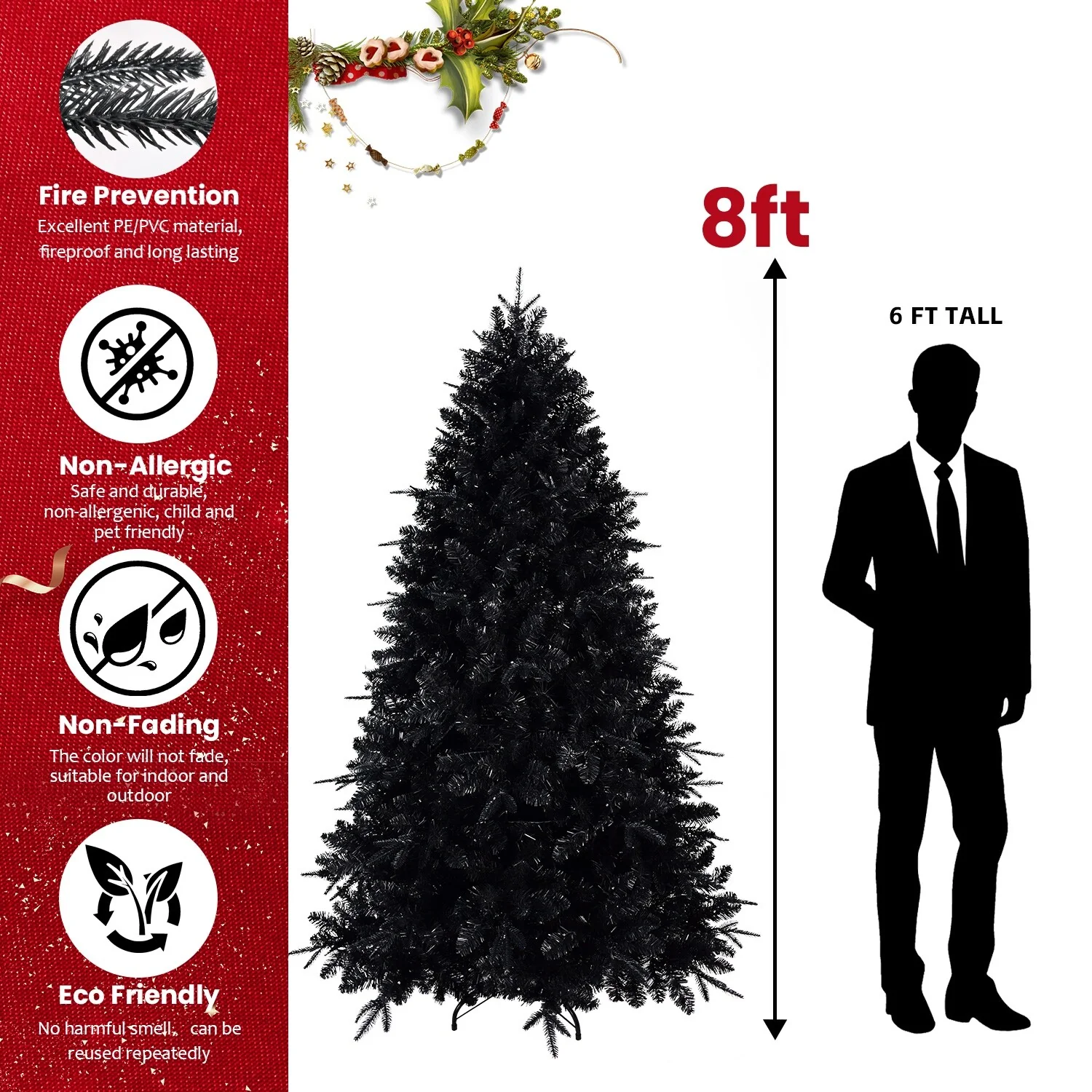 7.5ft Black Christmas Tree with 500 Pre-Strung Incandescent Lights, Full Shape with 2156 Tips, Metal Hinges, and Sturdy Base