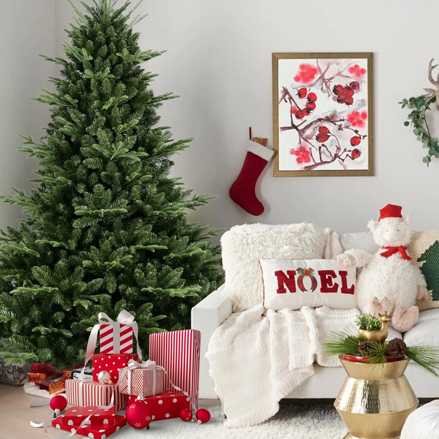 8-9FT Hinged Artificial Christmas Tree with Flame-Retardant PE/PVC, Foldable Stand