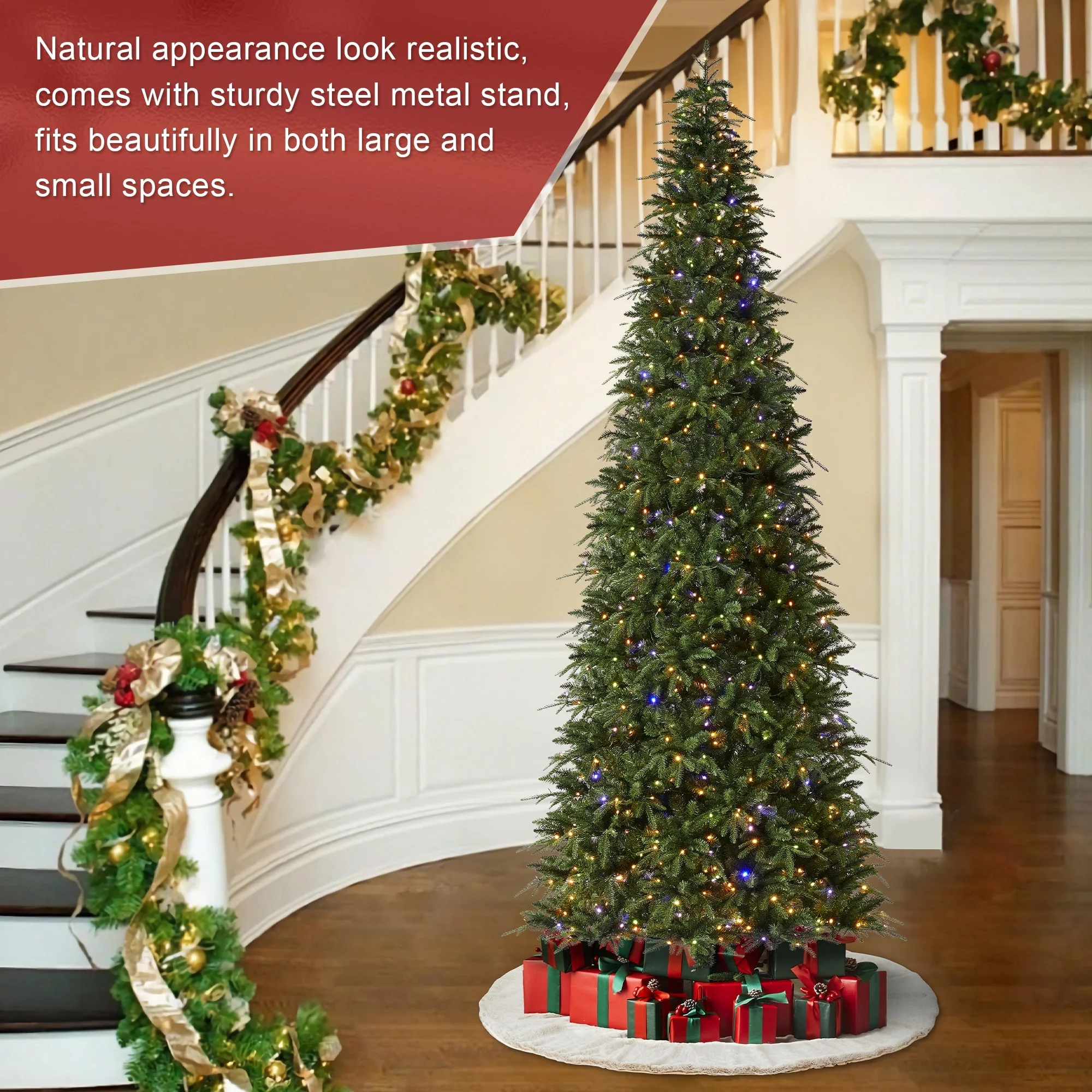 Glitzhome 7.5FT/9FT/11FT/15FT Pre-Lit Green Slim Fir Artificial Christmas Tree with Remote Control
