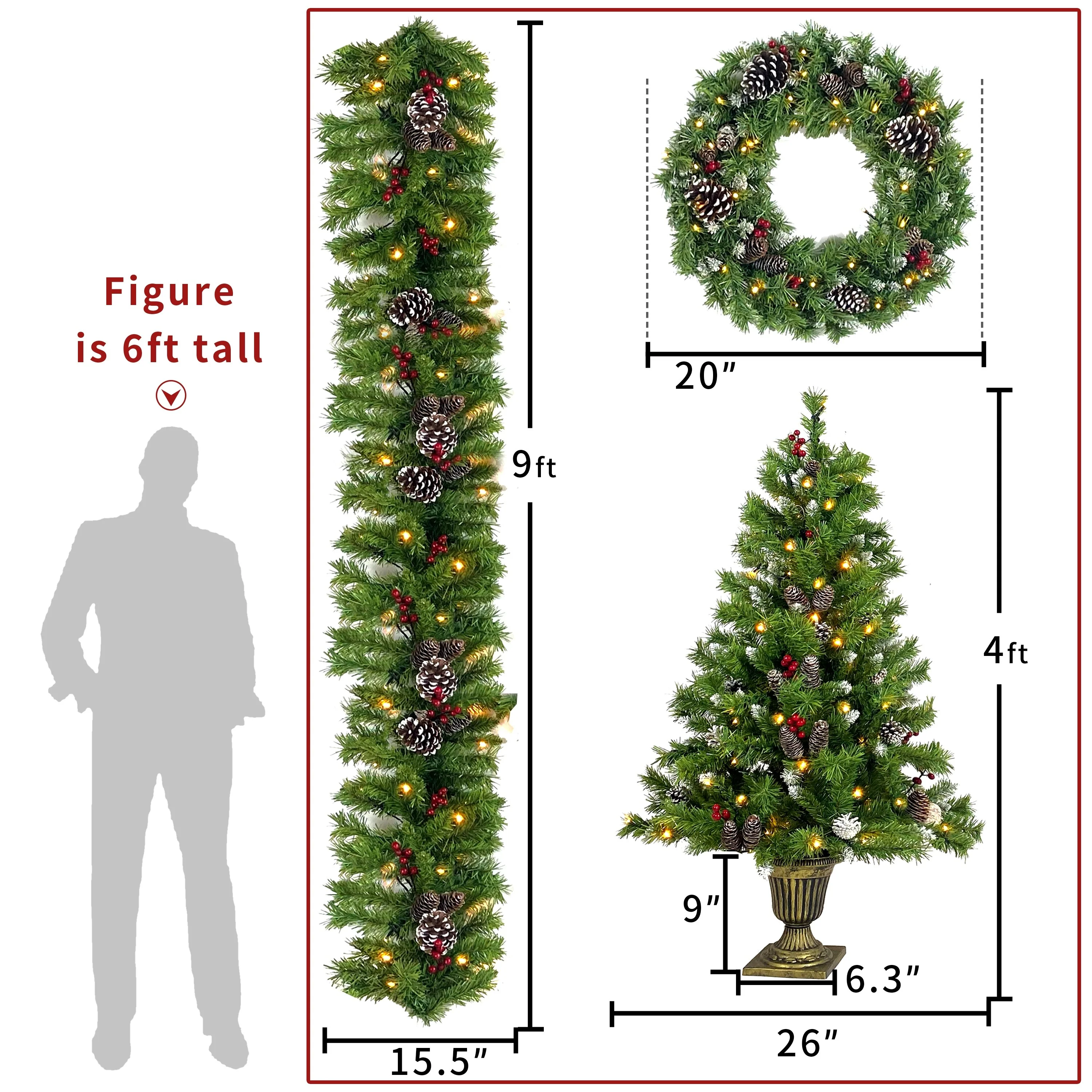 Pre-Lit 4-Piece Holiday Christmas Set - Entrance Trees, Garland, and Wreath with 340 Warm LEDs