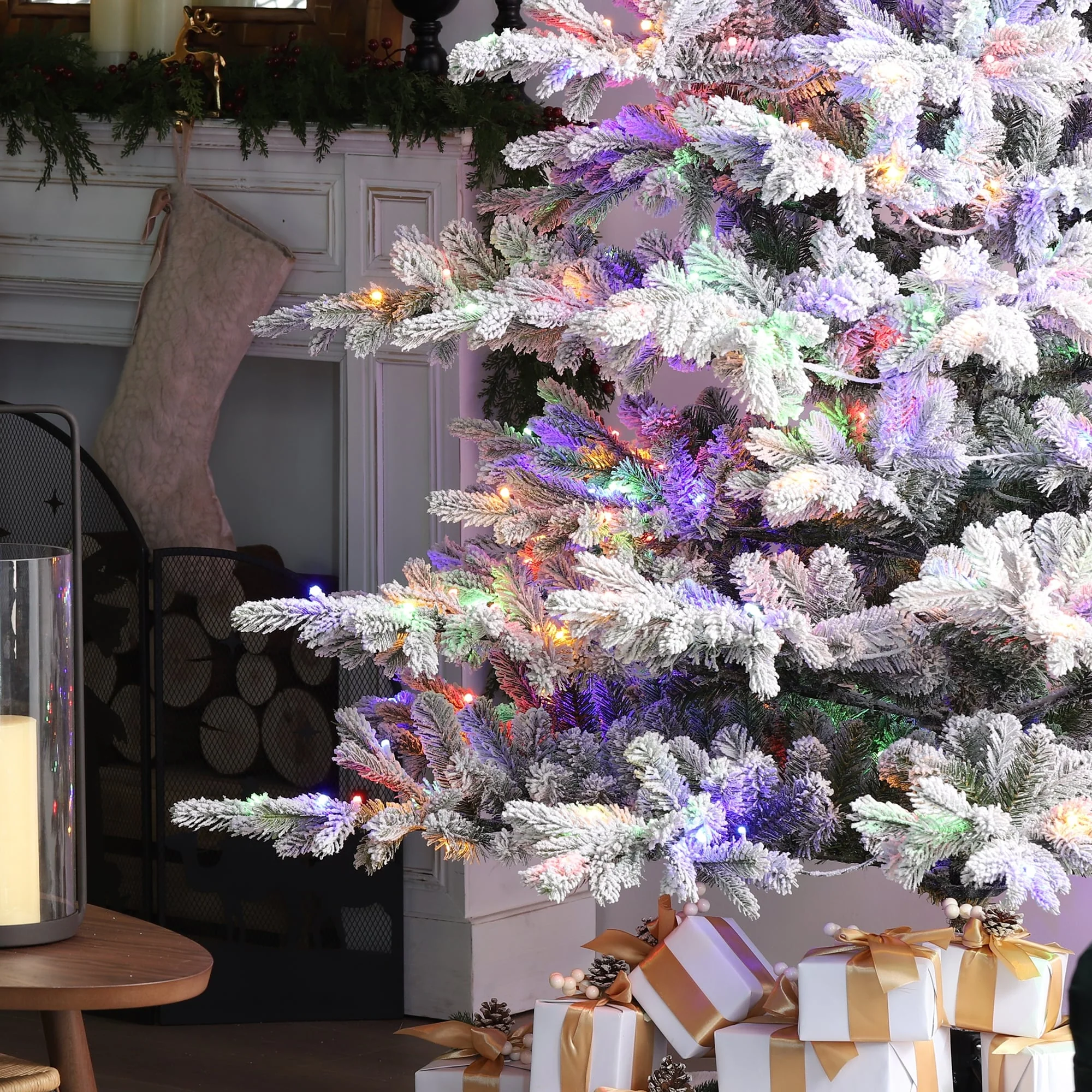 Glitzhome 7.5ft/9ft Pre-Lit Flocked Full Fir Artificial Christmas Trees with Foot Pedal
