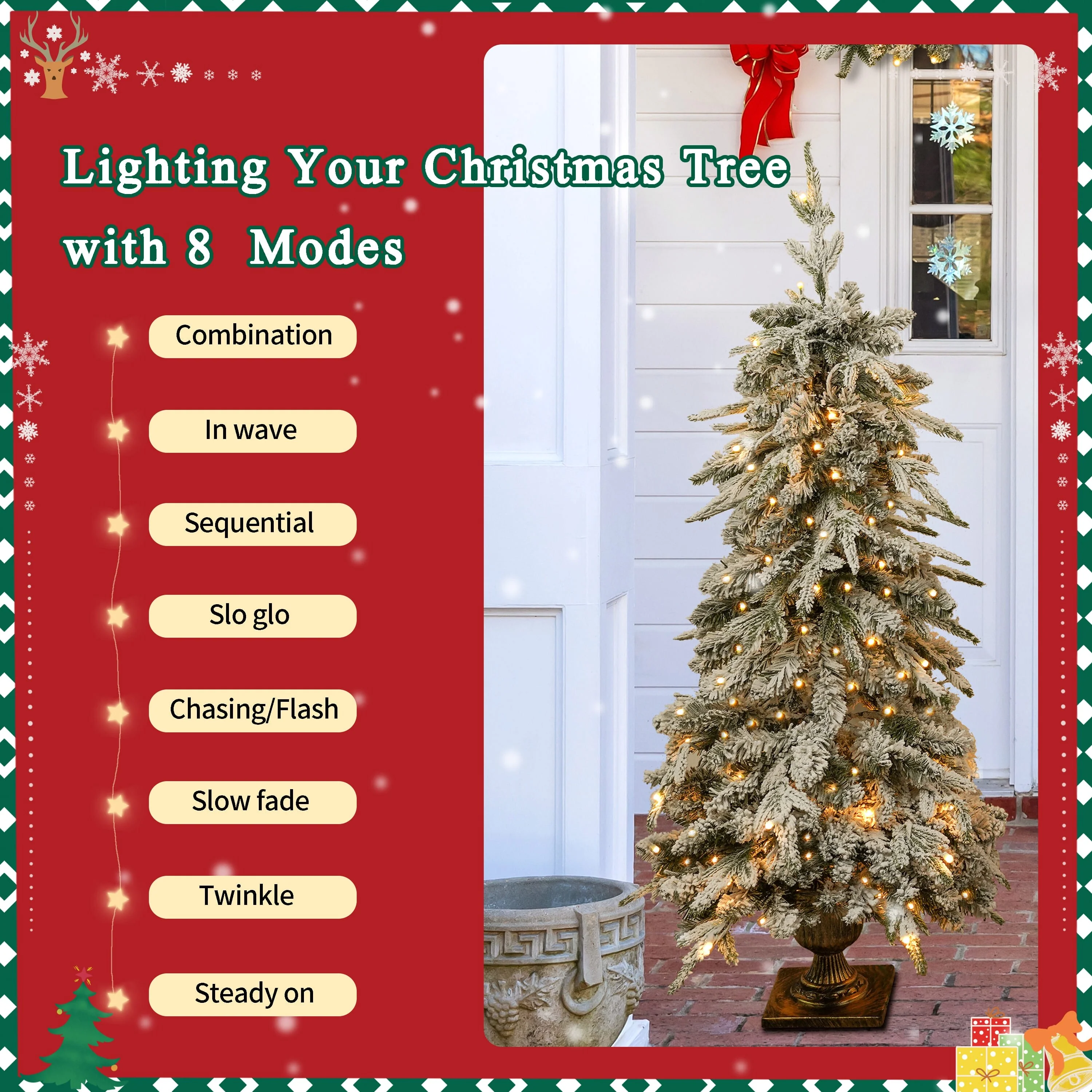 4-Piece Pre-lit Artificial Christmas Tree Set with Warm White LED Lights, Wreath, Garland & 2 Entrance Trees for Festive