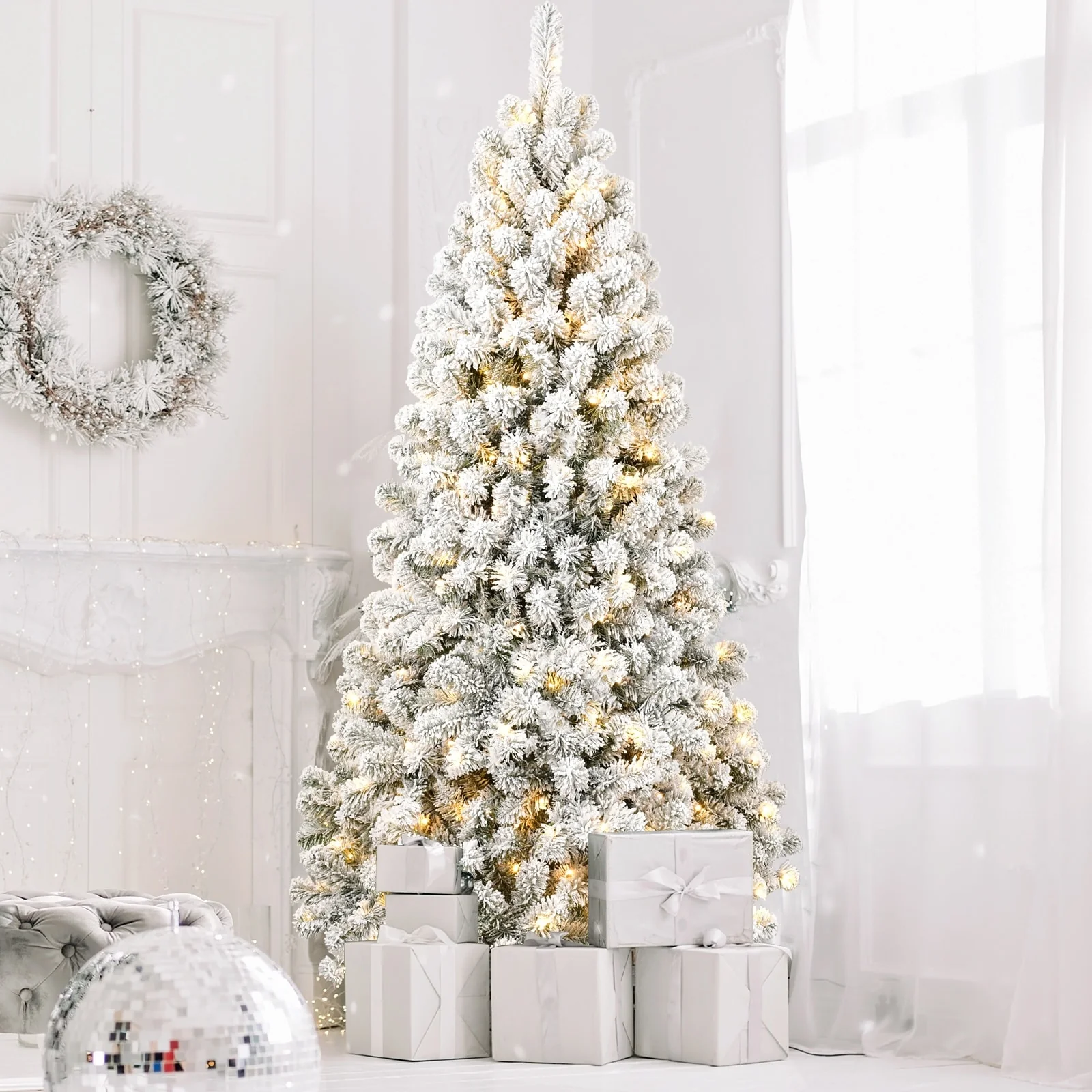 Realistic 5/6/7ft Pre-Lit PVC Christmas Tree with Stable Stand and Lights