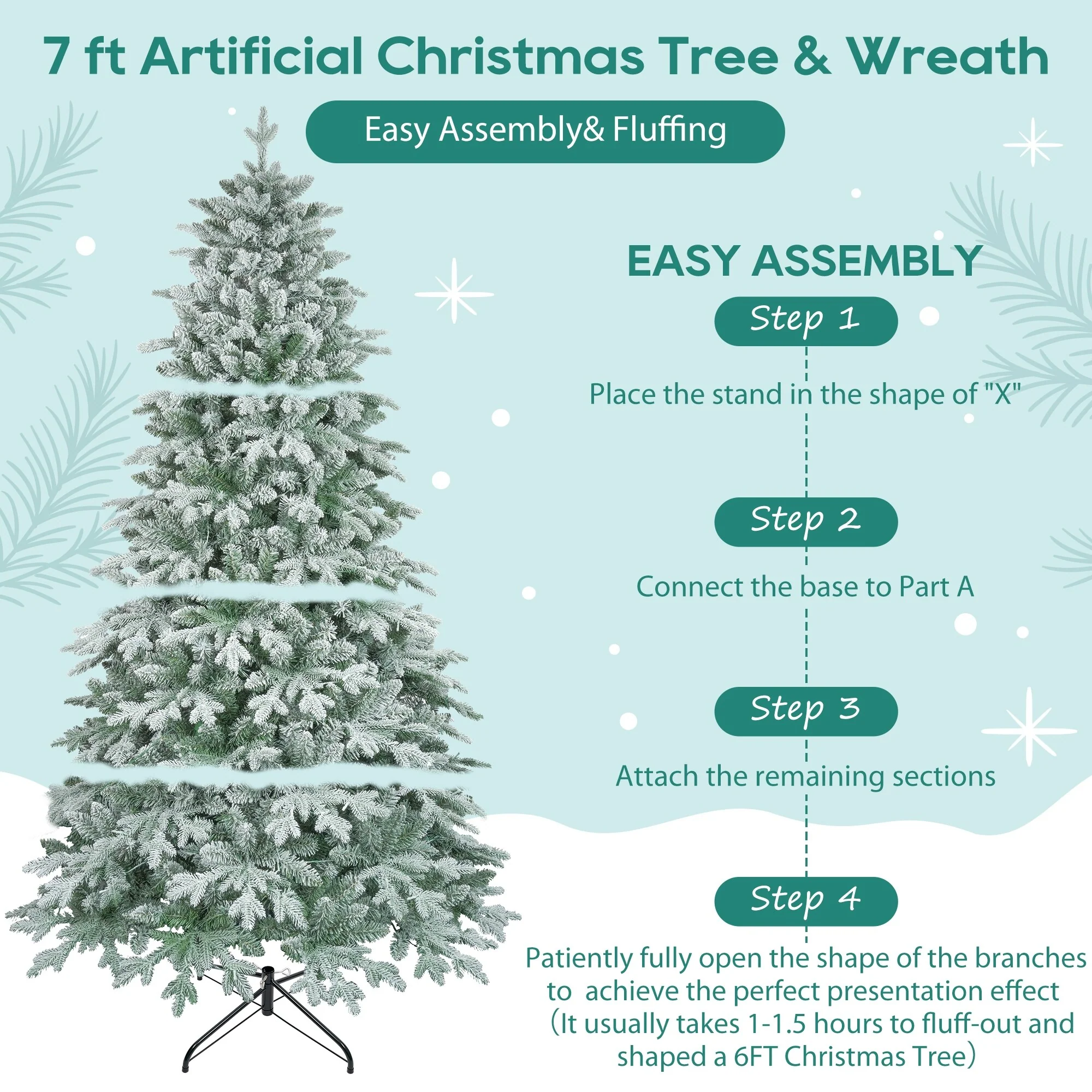 Lighted 7ft Christmas Tree and Wreath Set, Fir Design with 1300 Tips and 430 Total Lights for a Festive Atmosphere