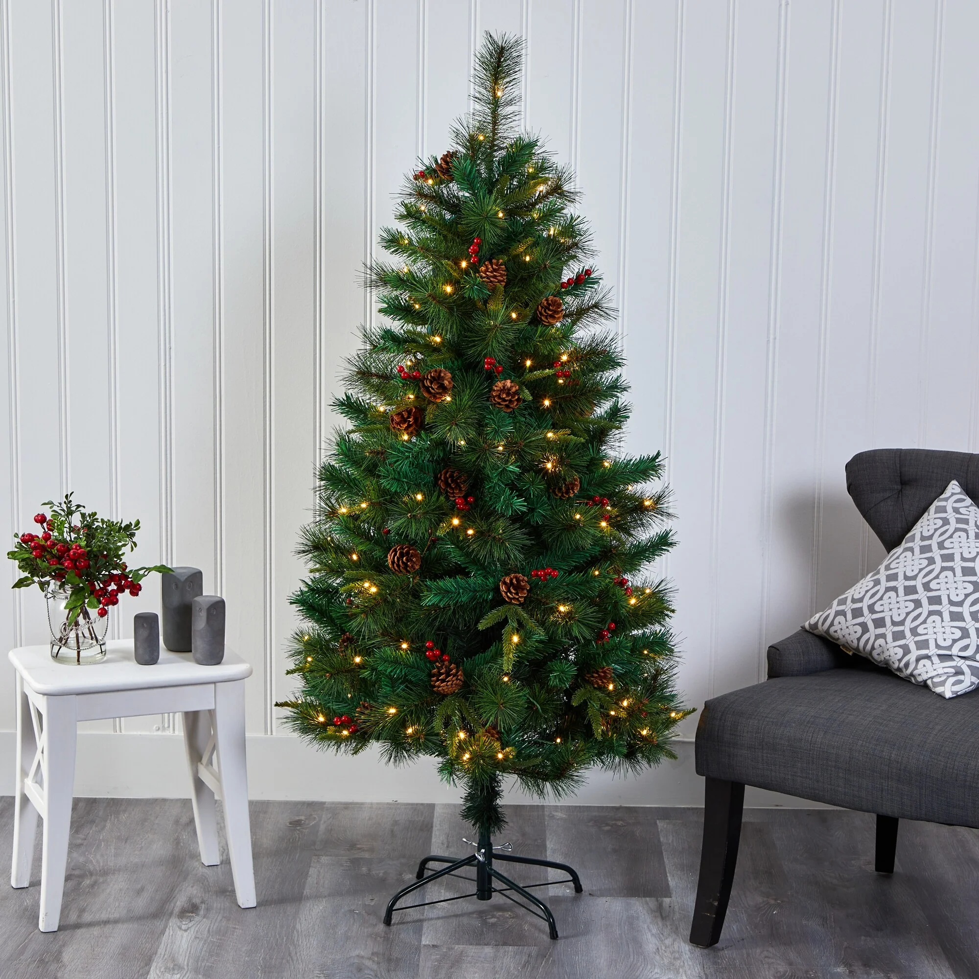 5’ Pinecone & Berry Pine Artificial Christmas Tree, Clear LED Lights - 5 Foot
