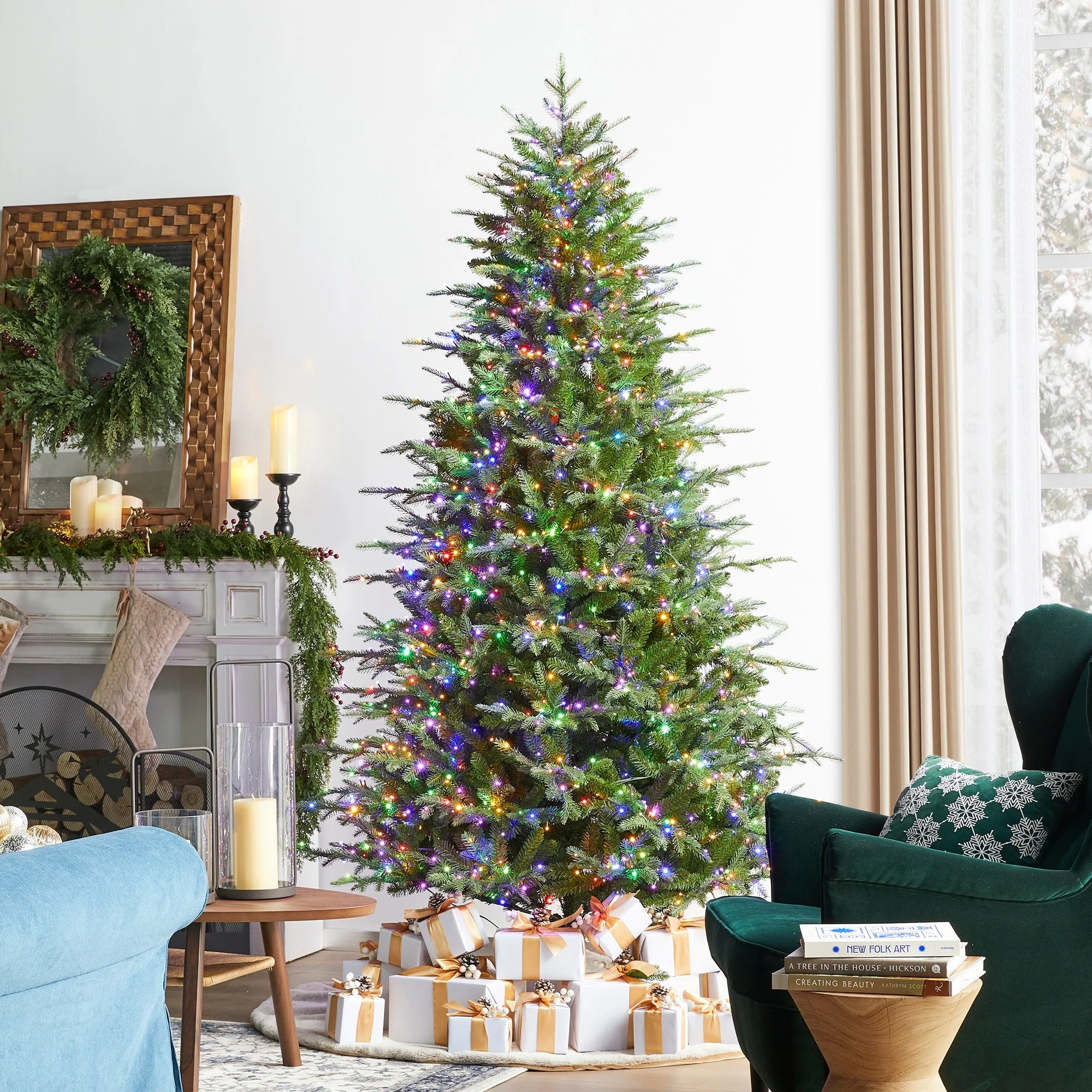 Glitzhome 7.5ft/9ft/11ft Pre-Lit Green Full Fir Artificial Christmas Tree with 1800/2450/3200 LEDs Simple Setup