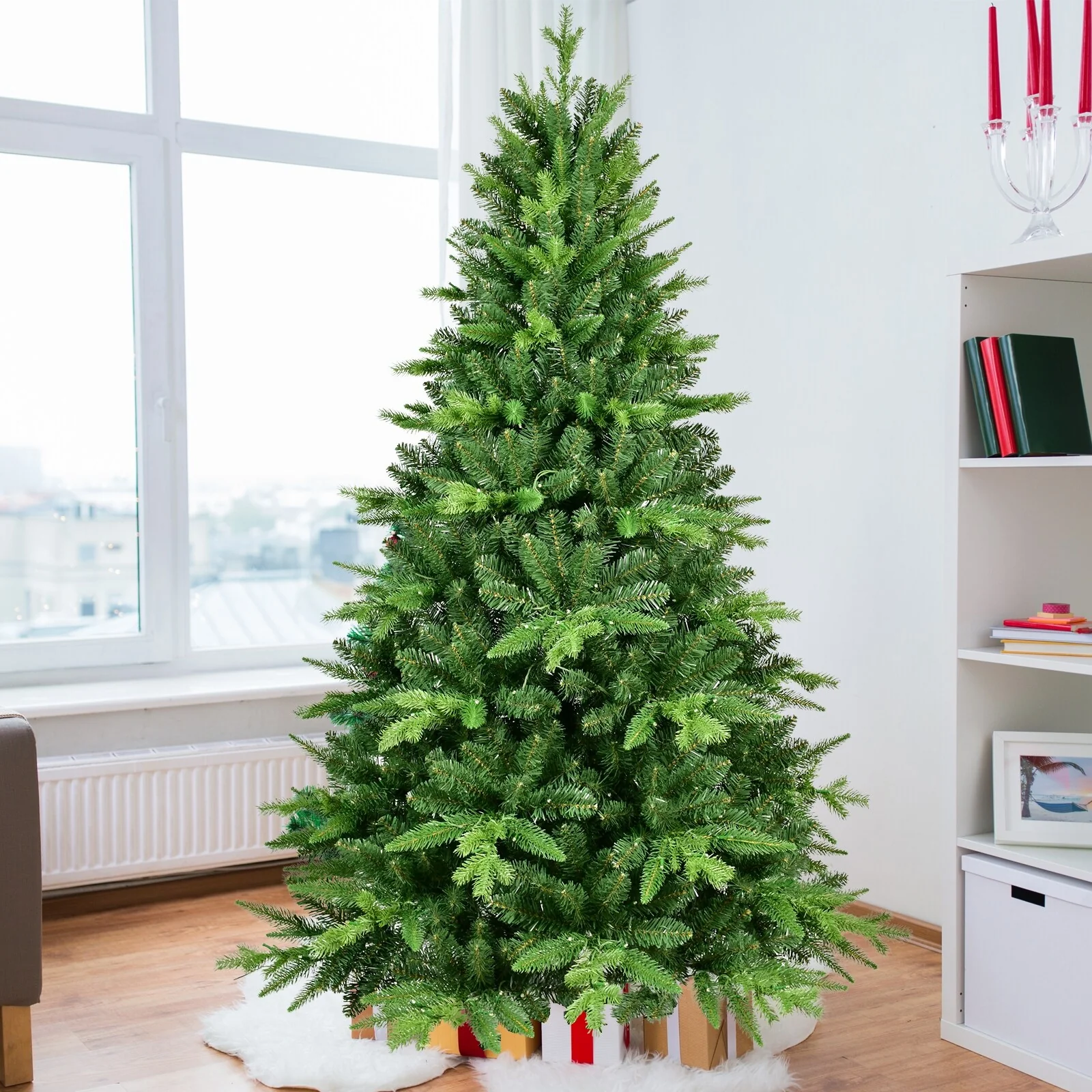 6FT Artificial Christmas Tree with 350 LED Lights, Realistic PE&PVC Tips, Fluffy Branches, Stable Stand
