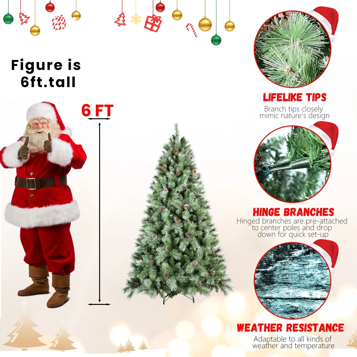 Premium 7.5FT Pre-Decorated Scotch Pine Christmas Tree with Frosted Branches and Natural Pine Cones, 450 LED Lights