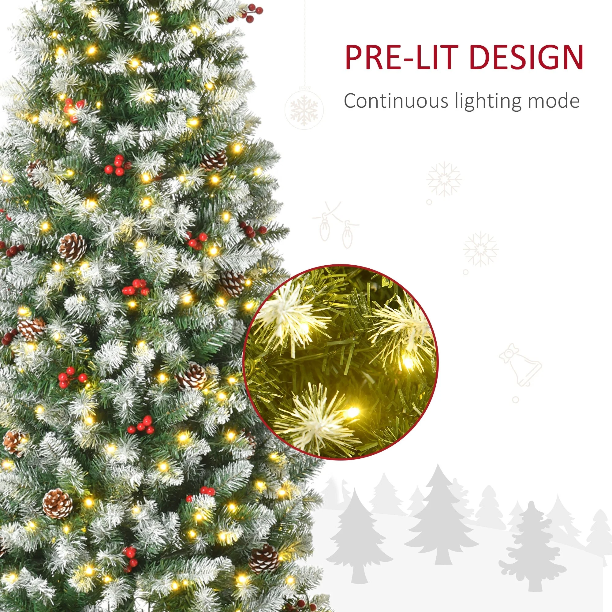 Snow-Dipped 6ft Pre-Lit Christmas Tree with Realistic Branches, 300 LED Lights, Pine Cones,Red Berries.