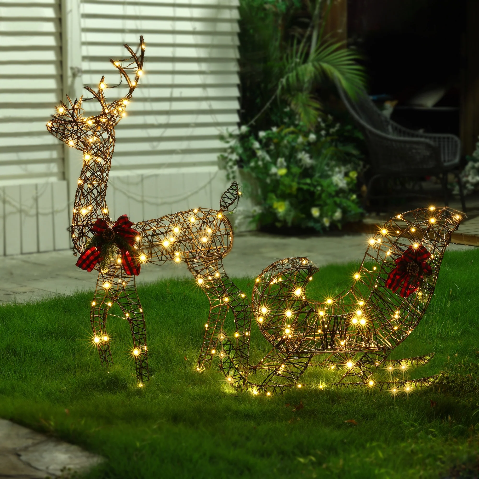 Reindeer and Sleigh Outdoor Holiday Decoration Set with Lights - Brown