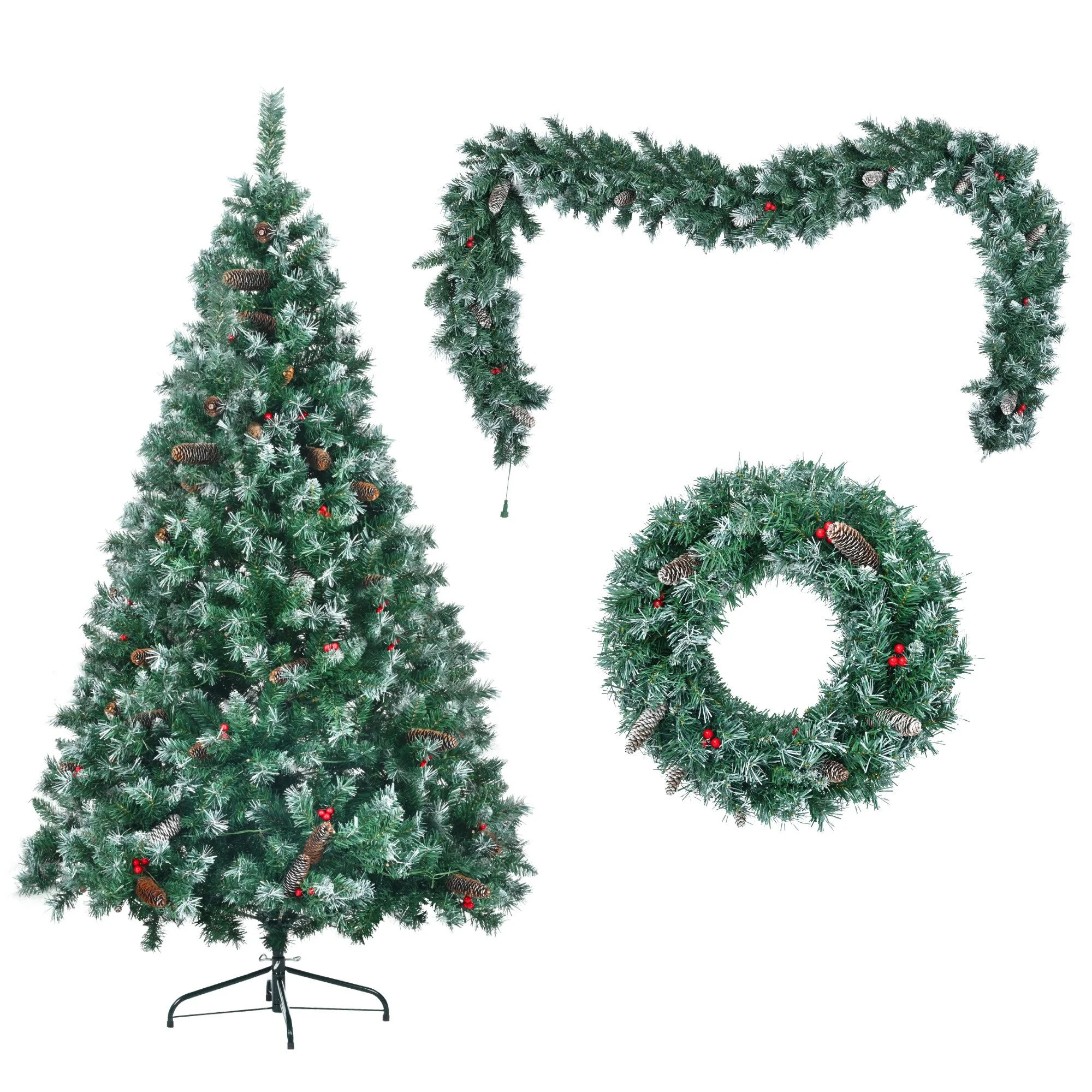 Pre-Lit 6FT Xmas Tree Set with Garland, Wreath and 11 Lighting Modes