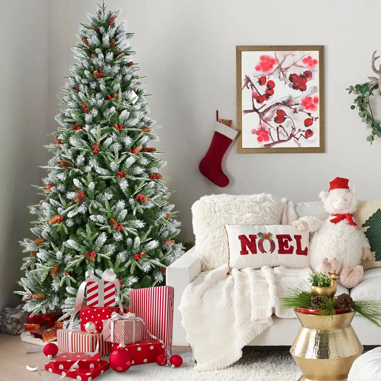 7.5ft Realistic Christmas Tree, White-Sprayed Tips, Pine Cones and Red Berries