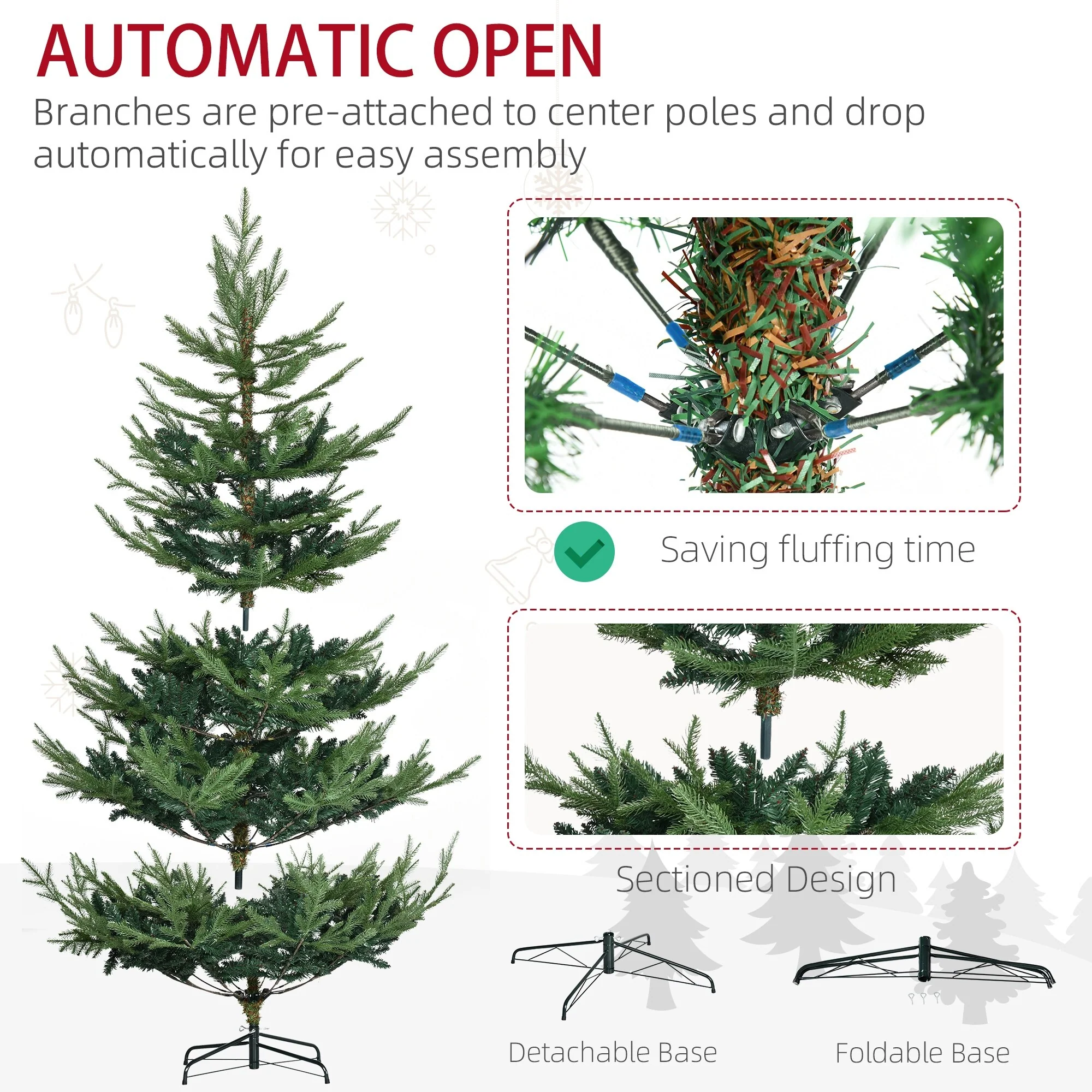 Unlit 6/7.5/9 Ft Pine Artificial Christmas Tree, Hinged Branches, Realistic Look with Steel Base, Auto Open Setup