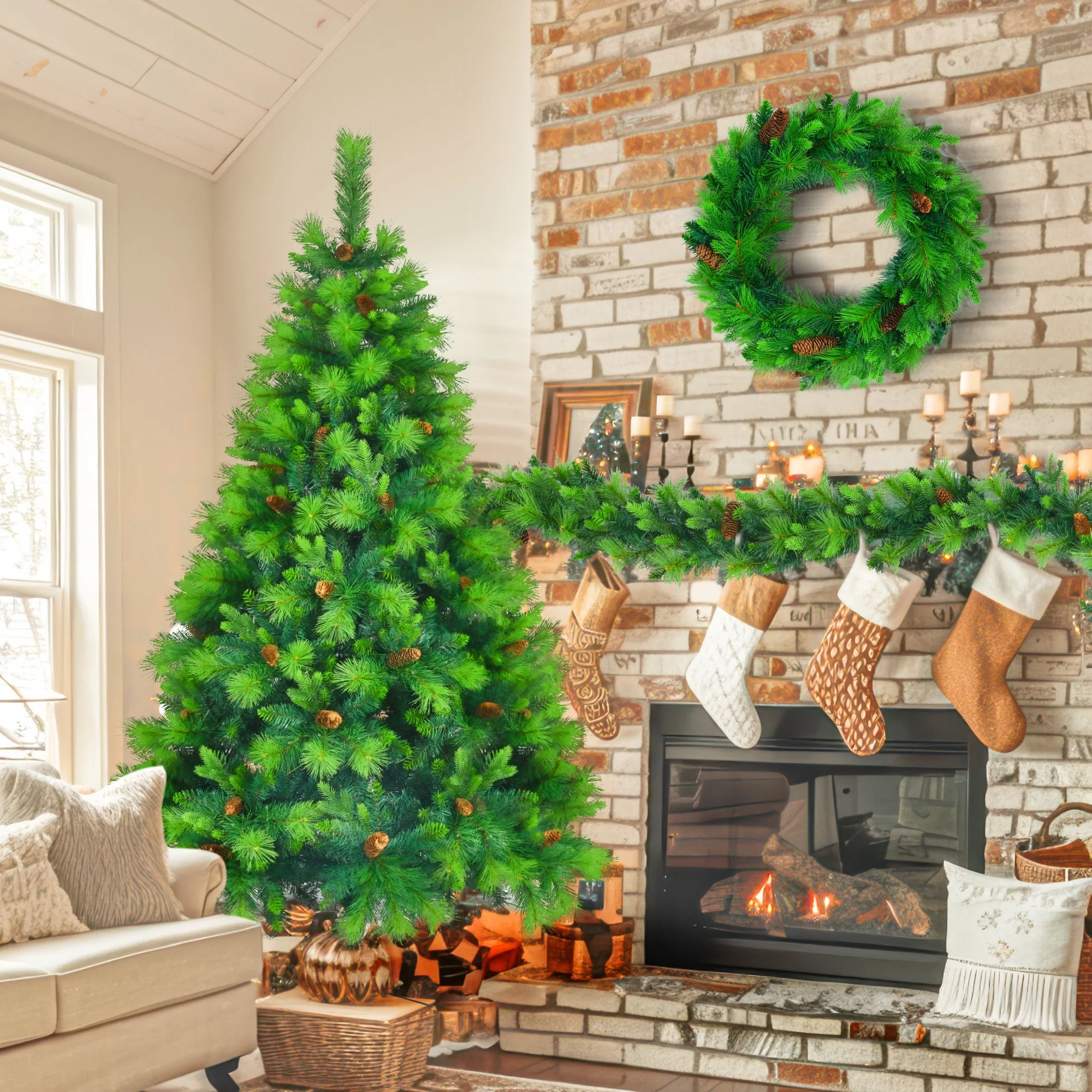 Grass Green Artificial Christmas Tree with Wreath & Garland, 6FT Pre-Lit Set with 430 LED Lights, Pine Cones for Home & Office