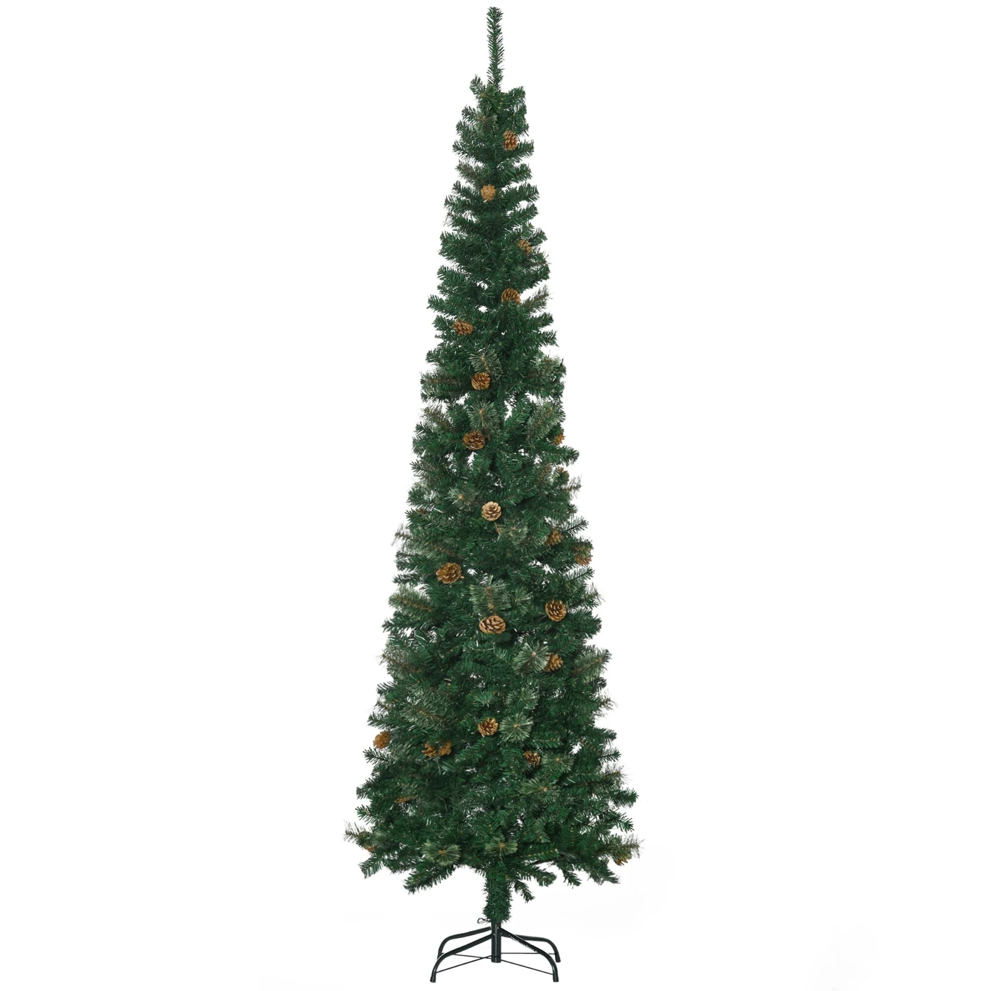 Slim 7.5' Unlit Pencil Christmas Tree with Realistic Pine Branches and Pine Cones, Easy Assembly for Small Spaces