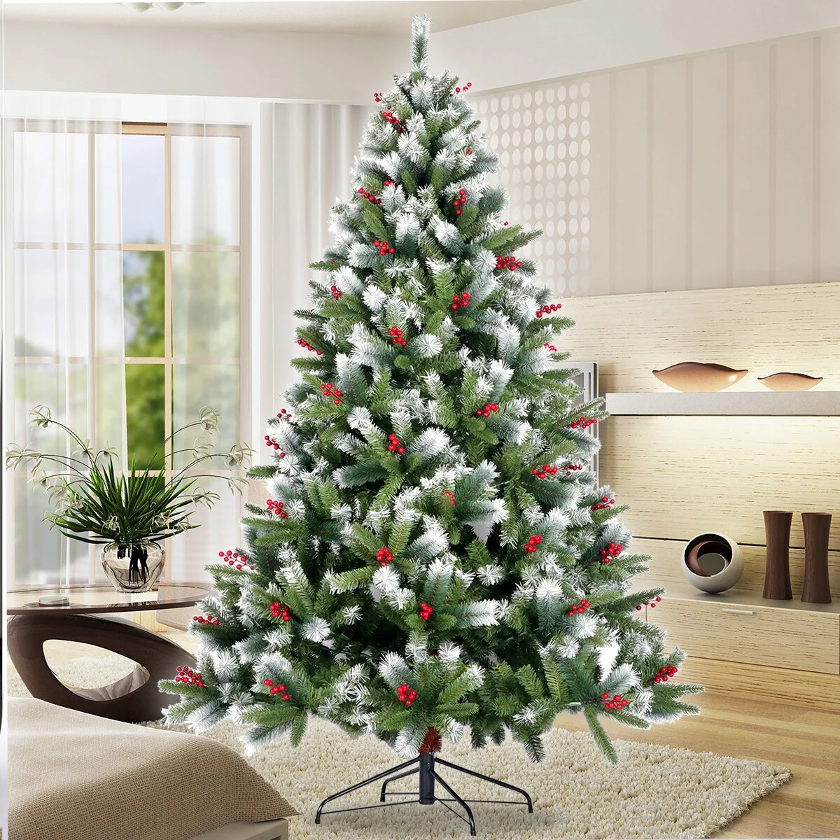 7.5FT Realistic Flocked Pine Artificial Christmas Tree with 1145 Tips, Pine Cones, Red Berries, and Foldable Metal Stand