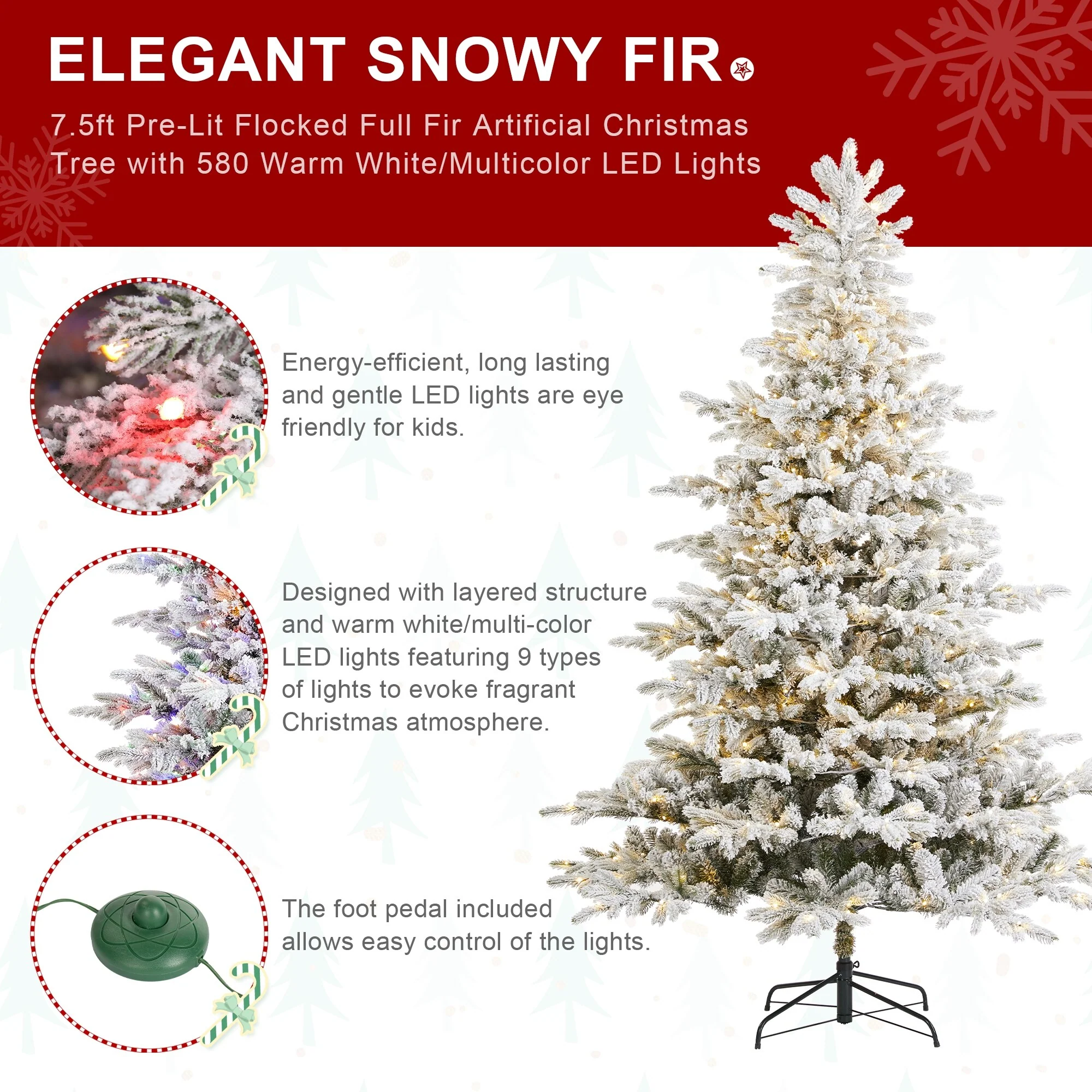 Glitzhome 7.5ft/9ft Pre-Lit Flocked Full Fir Artificial Christmas Trees with Foot Pedal