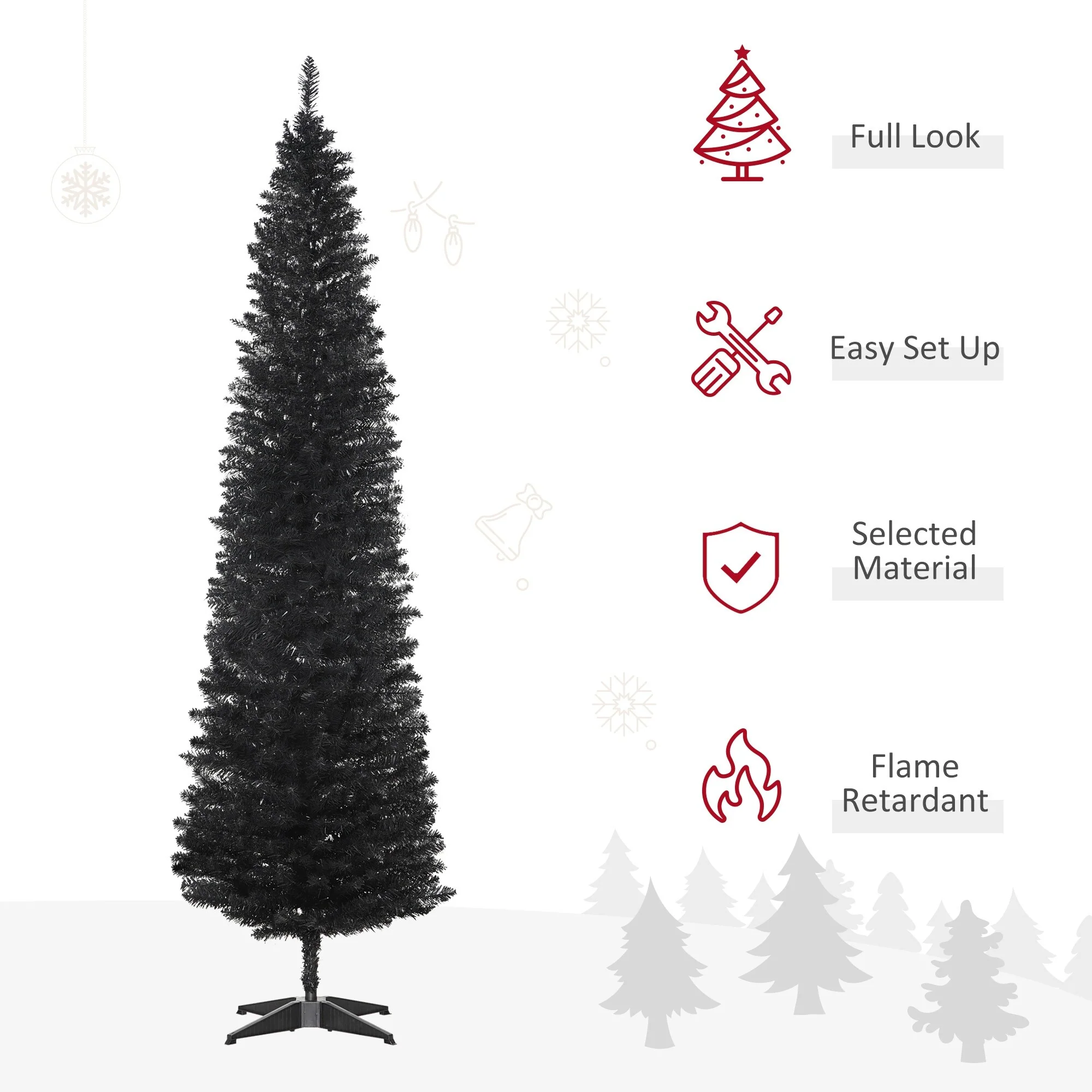 Black Artificial Pencil Christmas Tree, Slim with Realistic Branch Tips, Easy Assembly, 5-7FT