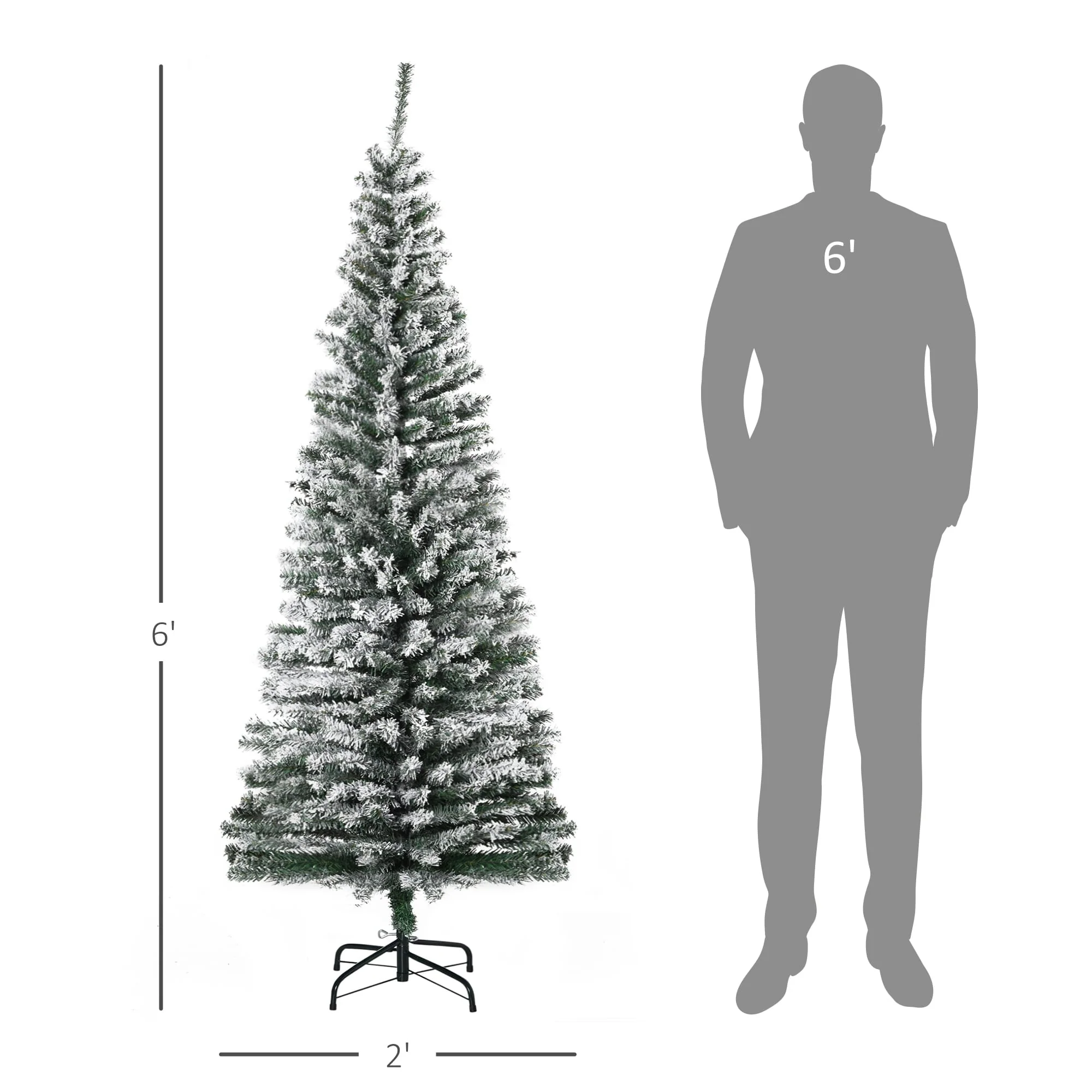 6' Tall Snow-Flocked Slim Artificial Christmas Tree with Realistic Branch Tips and Sturdy Metal Base