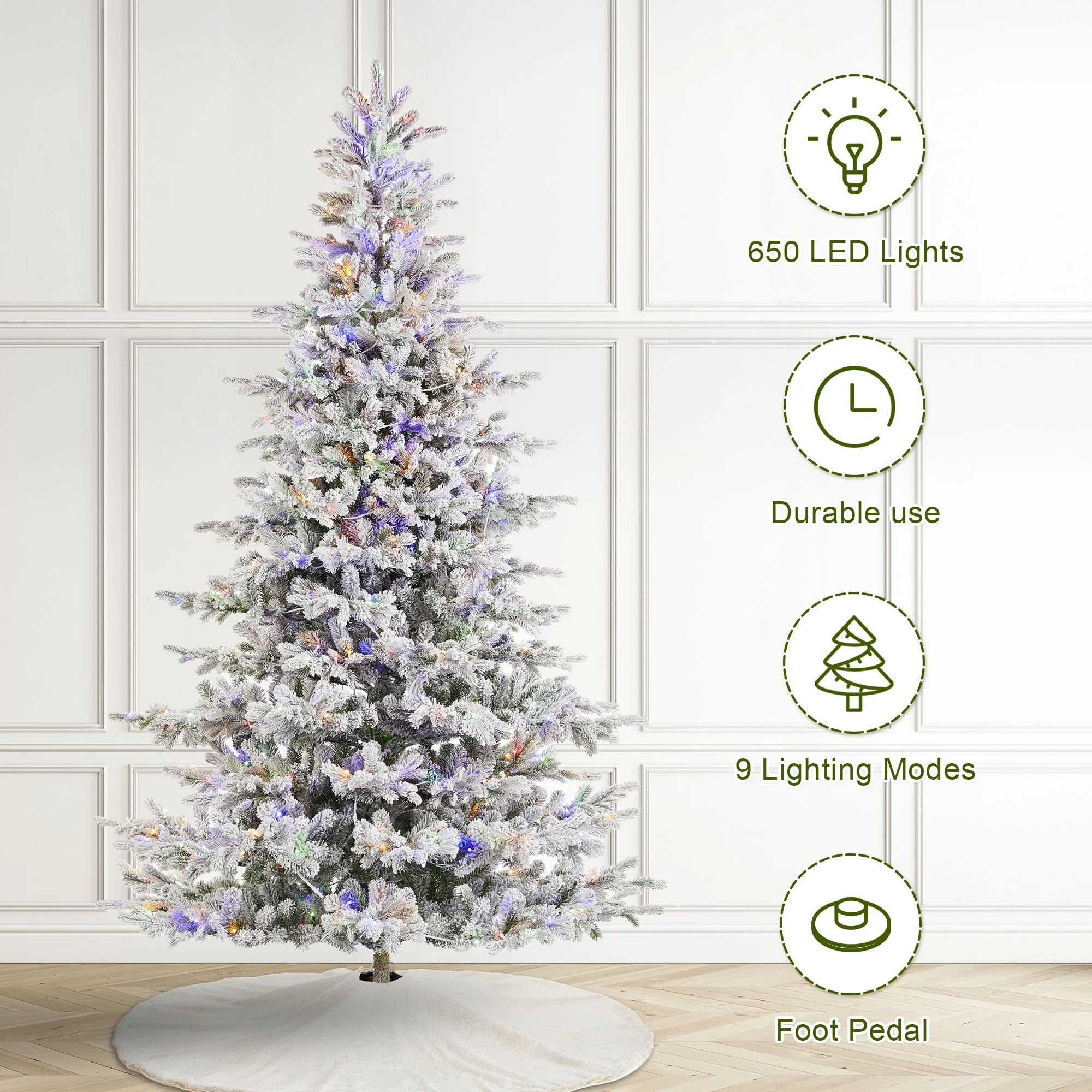 Glitzhome 7.5ft/9ft Pre-Lit Flocked Full Fir Artificial Christmas Trees with Foot Pedal