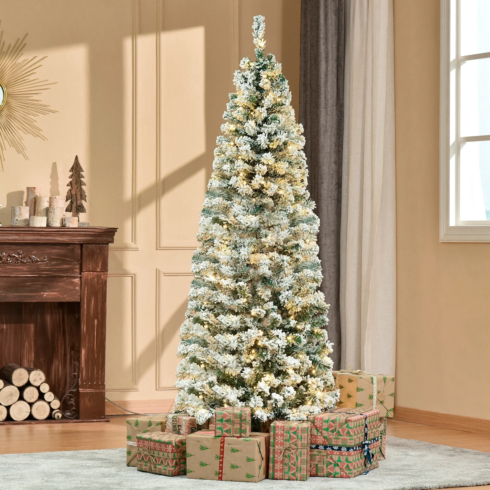 Slim Pre-Lit Snow-Flocked Douglas Fir Christmas Tree with Warm White LED Lights and Tips - 6ft/7.5ft/9ft Options