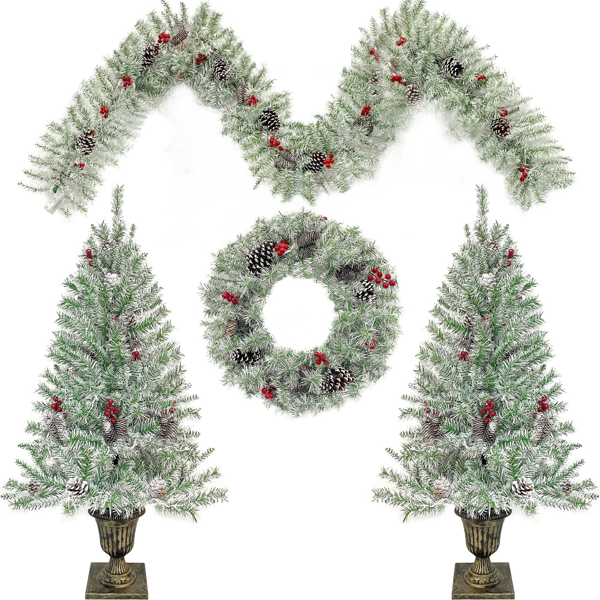 4-Piece Pre-Lit Christmas Tree Set with Wreath, Garland & Entrance Trees