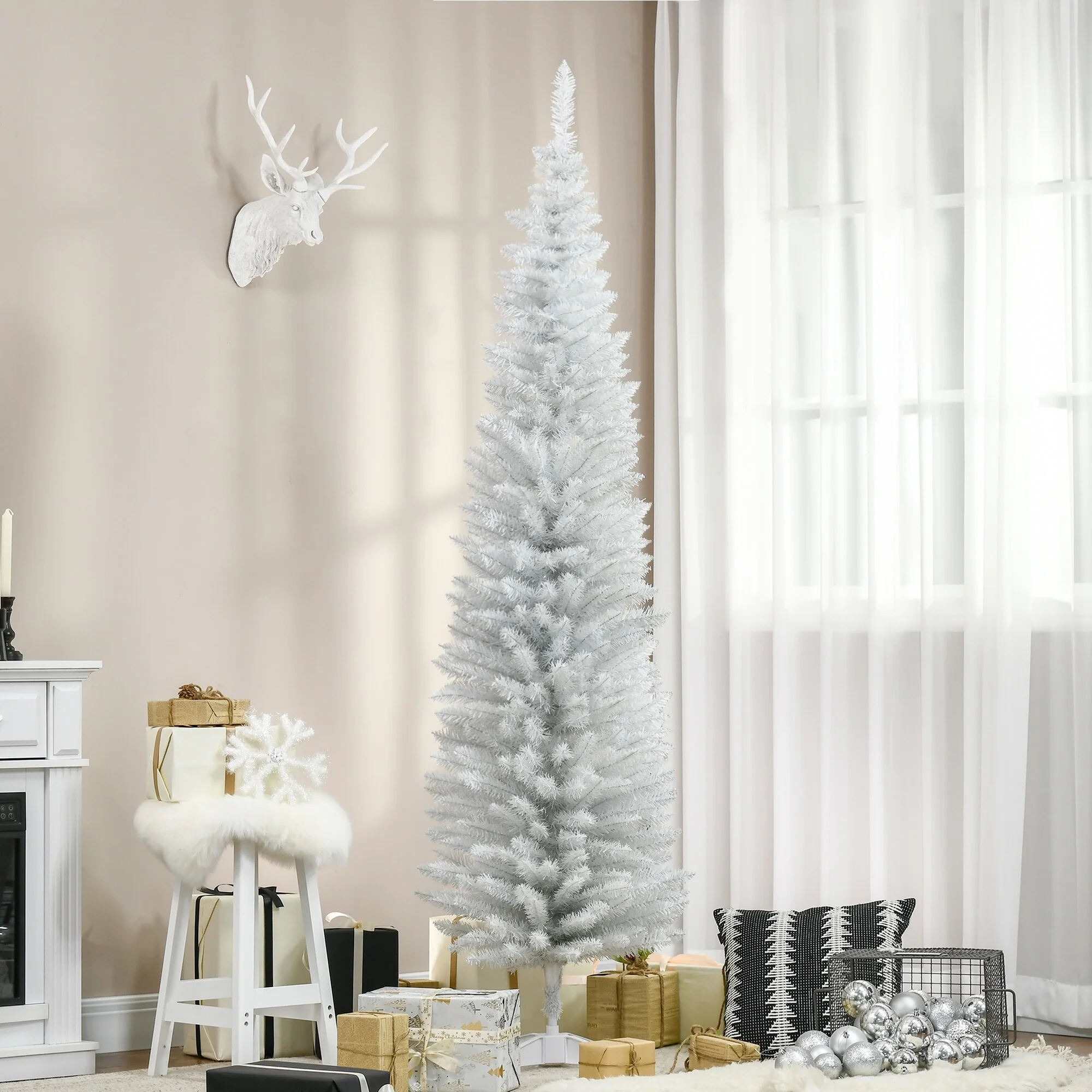 Slim 6FT/7FT Pencil Christmas Tree, Space-Saving Unlit Artificial Xmas Tree with Realistic Branches