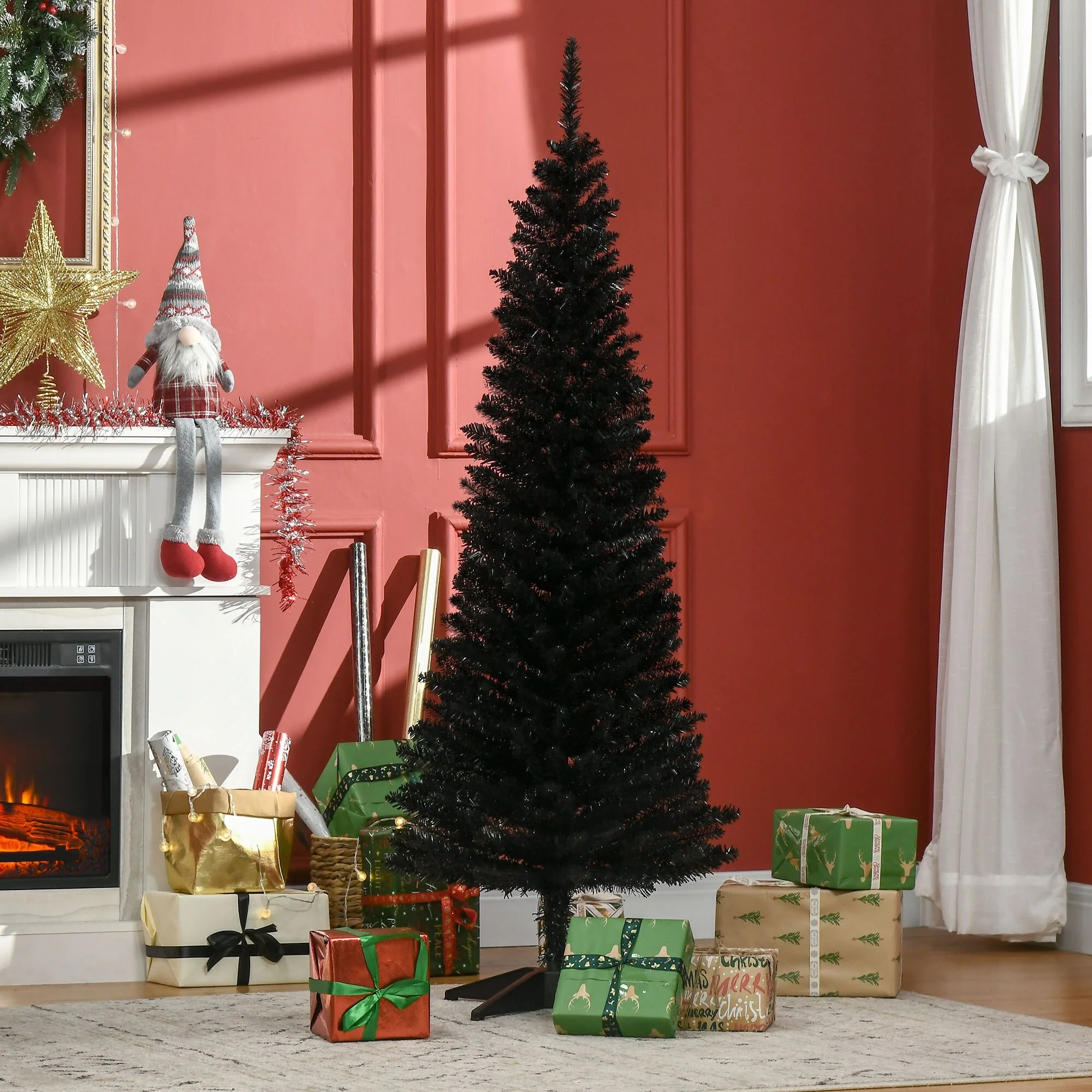 5ft/6ft/7ft Artificial Pencil Christmas Tree, Space-Saving Design with Flame-Retardant Safety