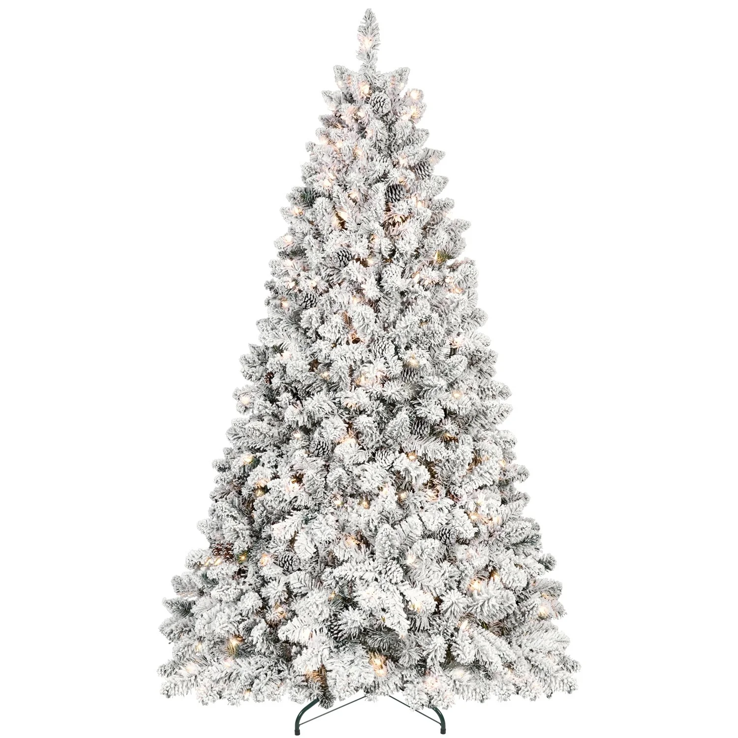 Snow-Flocked 7ft Christmas Tree with Pine Cones, Pre-Strung Lights, and Metal Stand