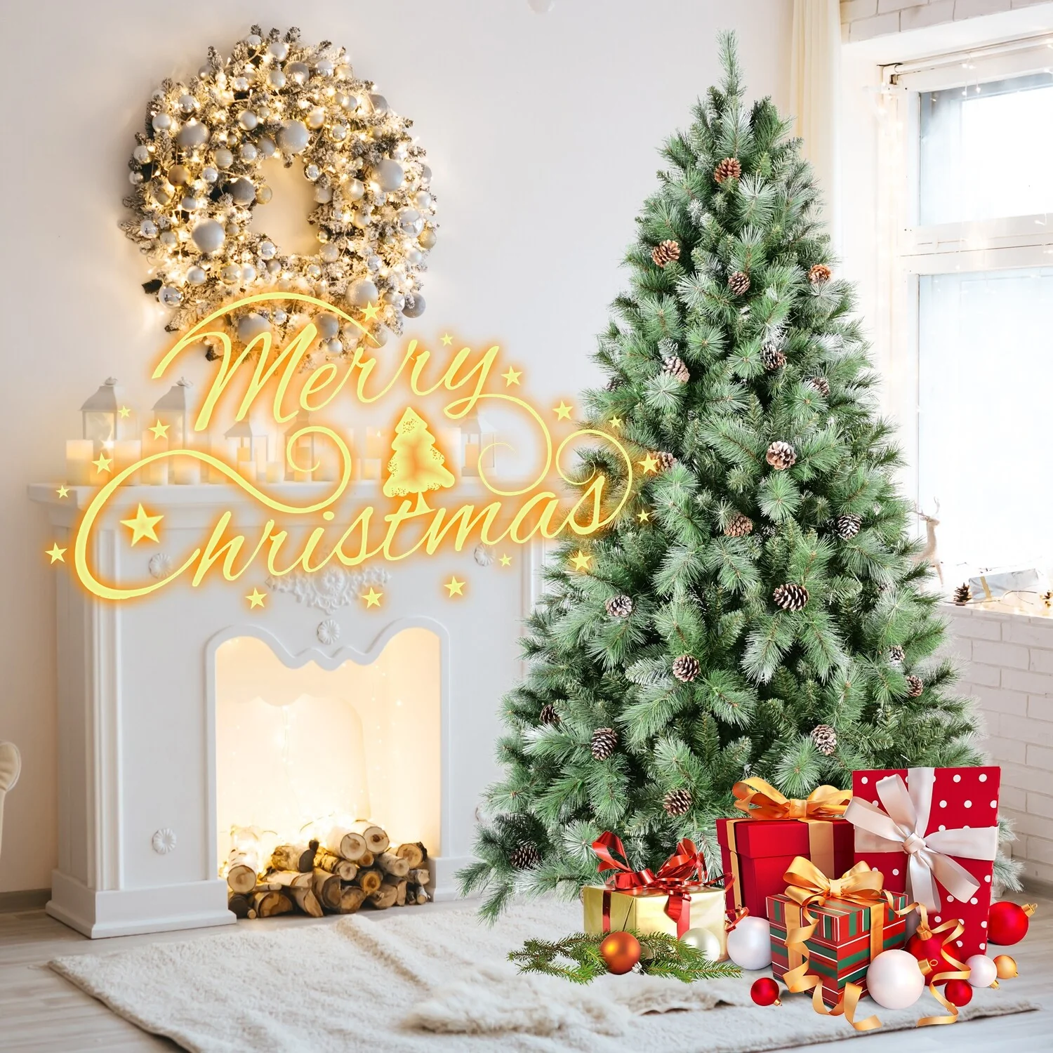 Frosted Scotch Pine Christmas Tree with Pine Cones, Easy Assembly, Full Branches - 7ft to 9ft