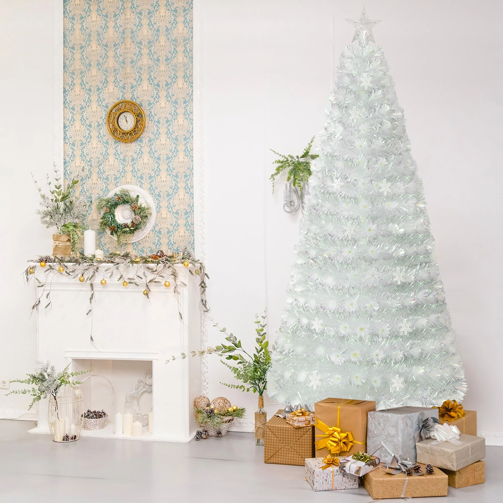 Gymax 5/6/7 FT Pre-Lit Fiber Optic Christmas Tree White Artificial