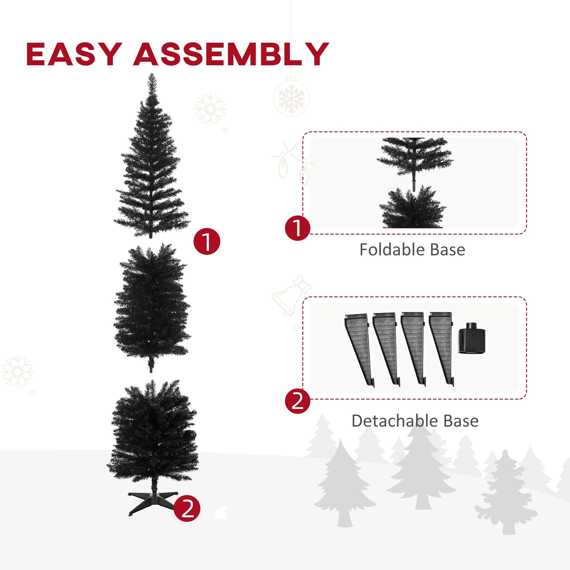 Black Artificial Pencil Christmas Tree, Slim with Realistic Branch Tips, Easy Assembly, 5-7FT
