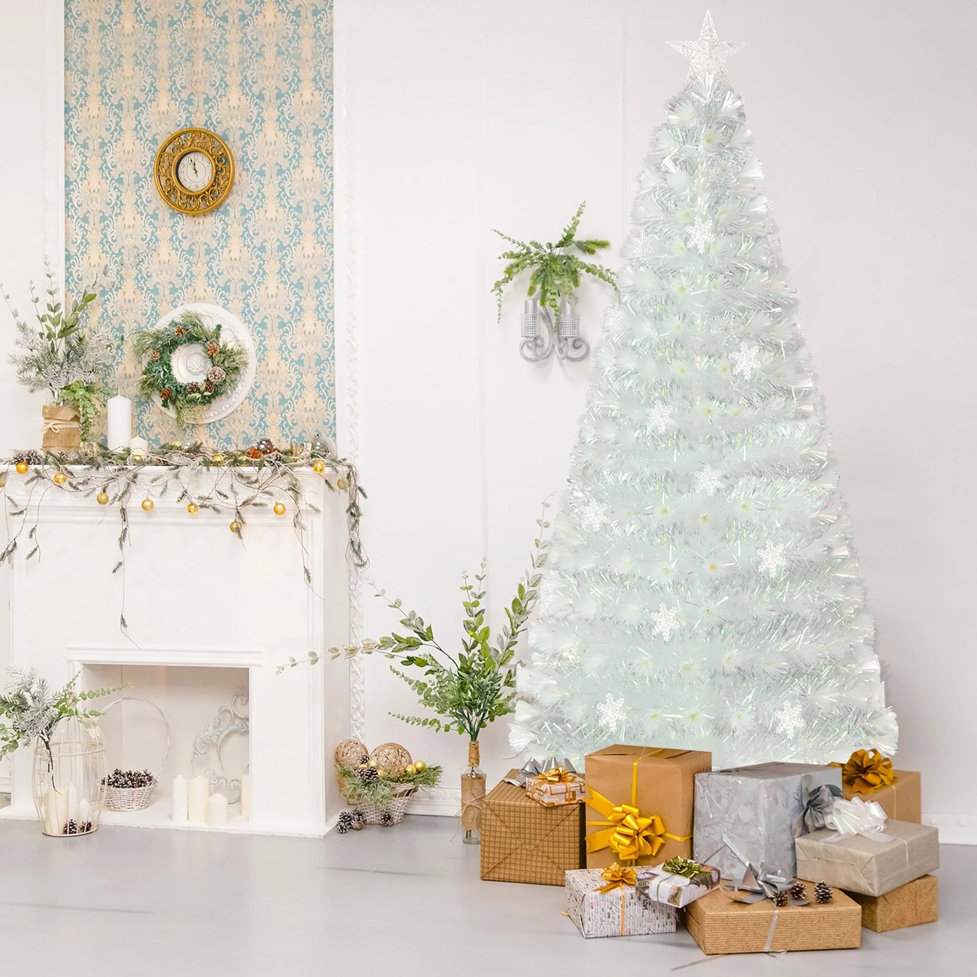 Gymax 5/6/7 FT Pre-Lit Fiber Optic Christmas Tree White Artificial