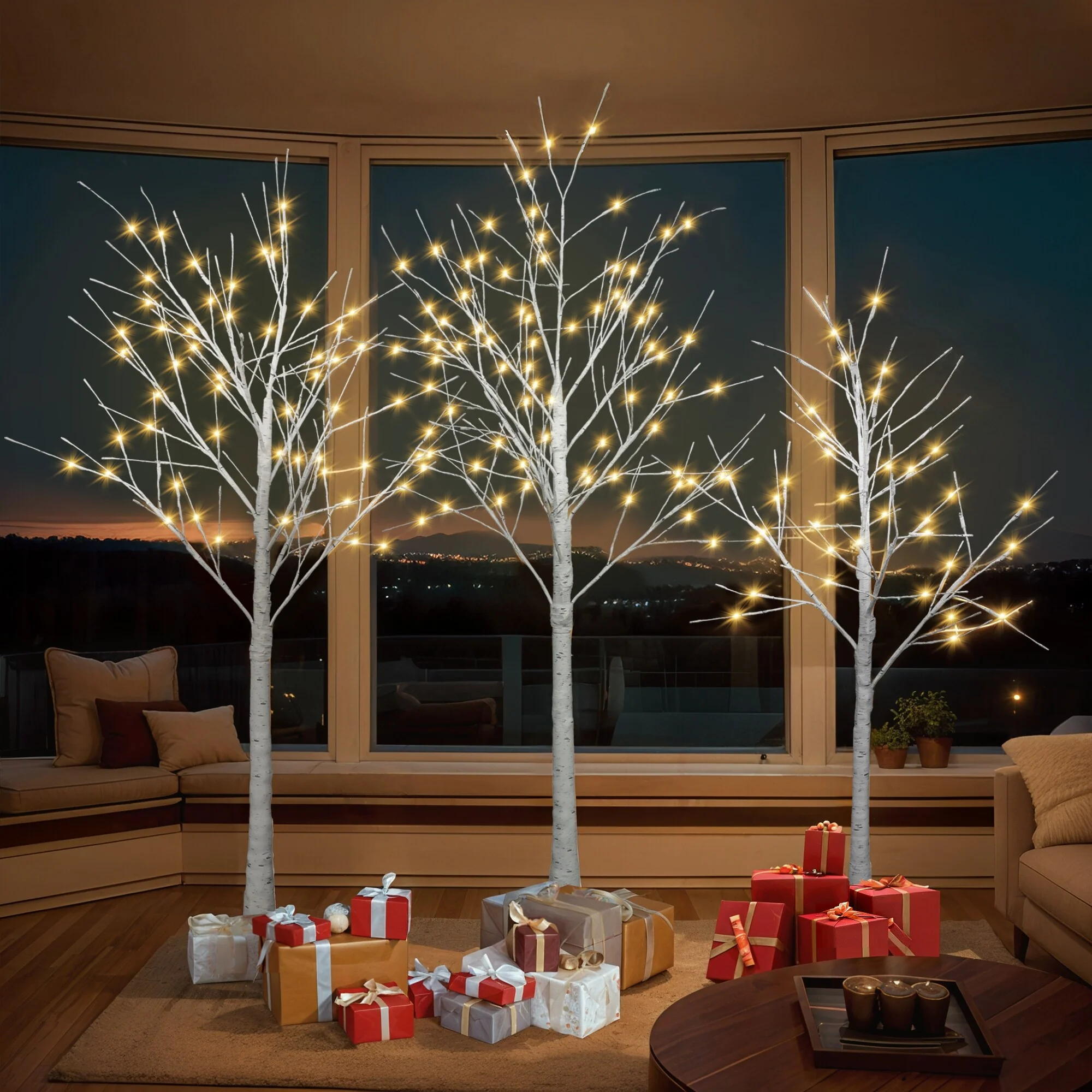 Lighted Birch Tree Set, 4FT, 5FT, 6FT with LED Lights, Warm White for Christmas, New Year, Wedding Décor
