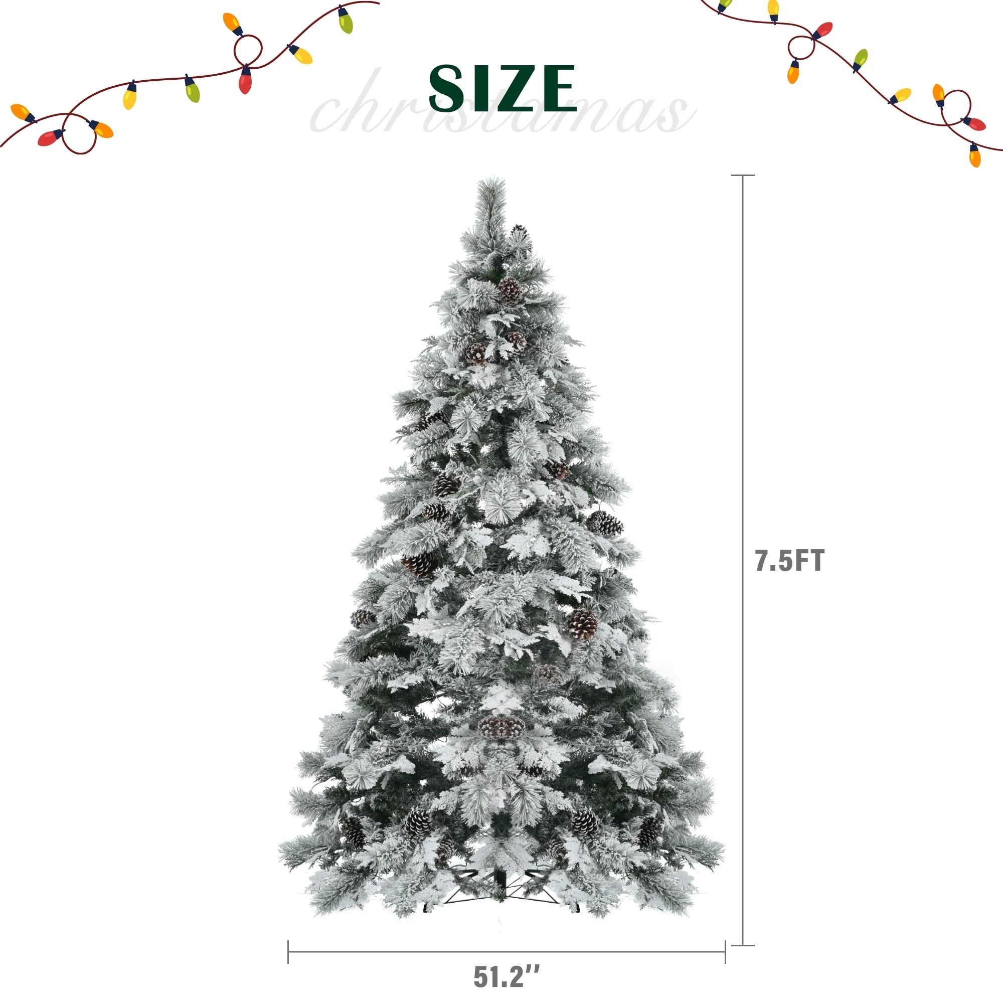 Artificial Snow Flocked Spruce Christmas Tree with 120/250/450 LED Lights, Pine Cones, and 11 Flashing Modes, 4FT/6FT/7.5FT