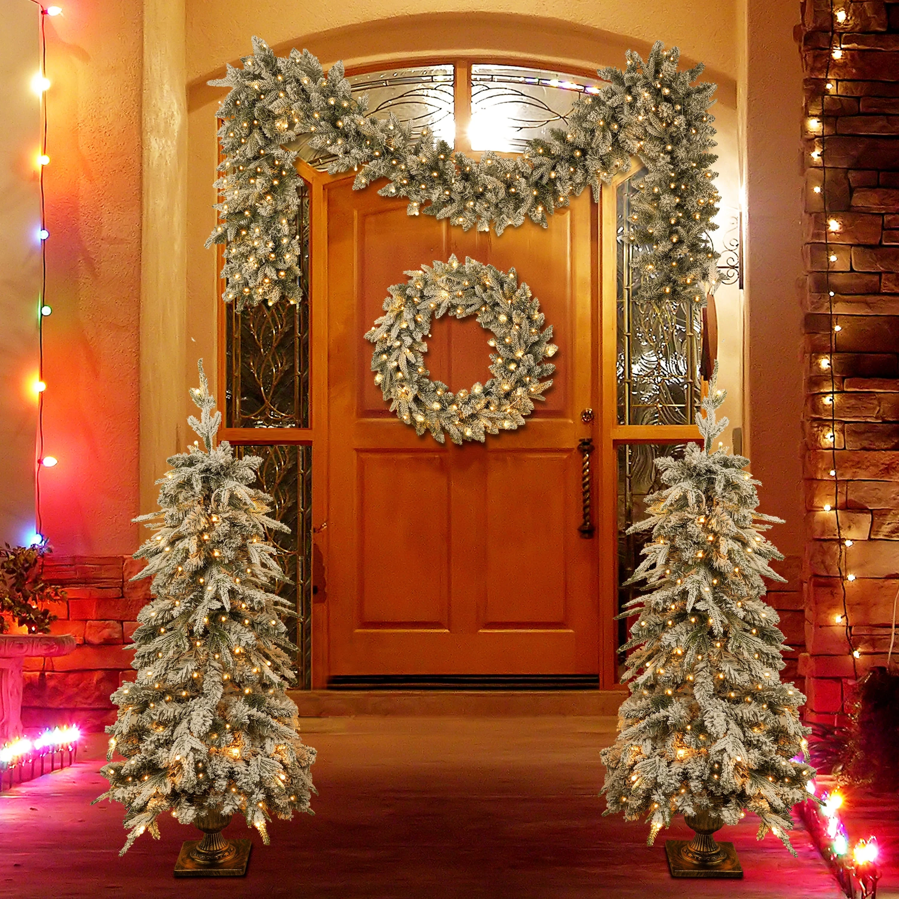 Pre-Lit Christmas Decoration Set - Wreath, Garland & 2 Entrance Trees with 330 LED Lights, Perfect for Festive Entryway Decor
