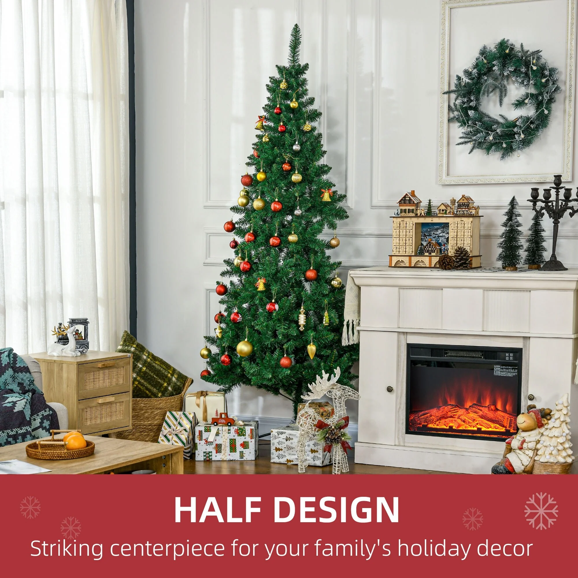Space-Saving 5ft/7ft Half Christmas Tree, Unlit Artificial Tree with Steel Base and Wall-Fit Design