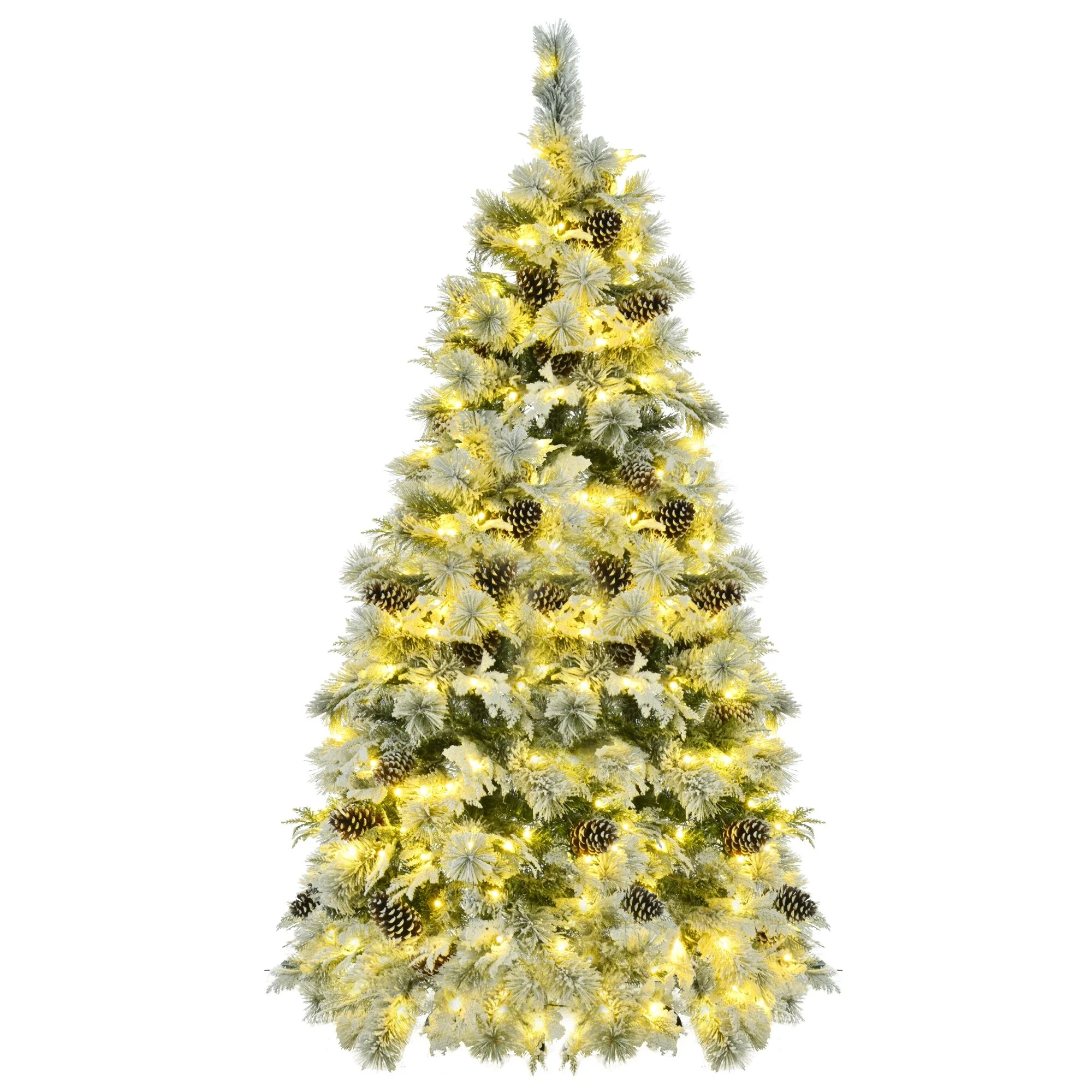 Artificial Snow Flocked Spruce Christmas Tree with 120/250/450 LED Lights, Pine Cones, and 11 Flashing Modes, 4FT/6FT/7.5FT