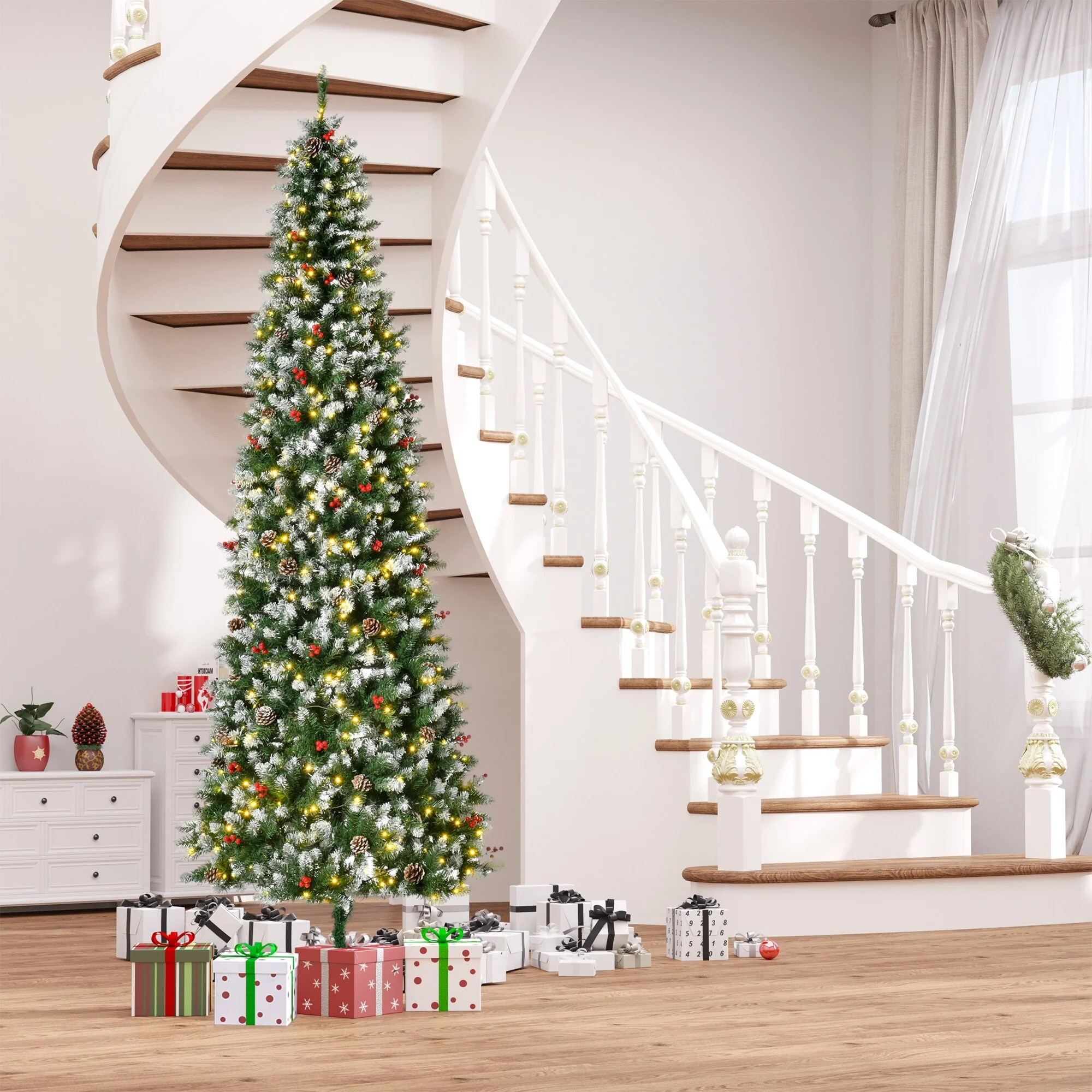 Realistic Snow-Flocked Artificial Christmas Tree,Pre-Lit with LED Lights,Pine Cones & Red Berries,Available in 6ft, 7.5ft & 9ft