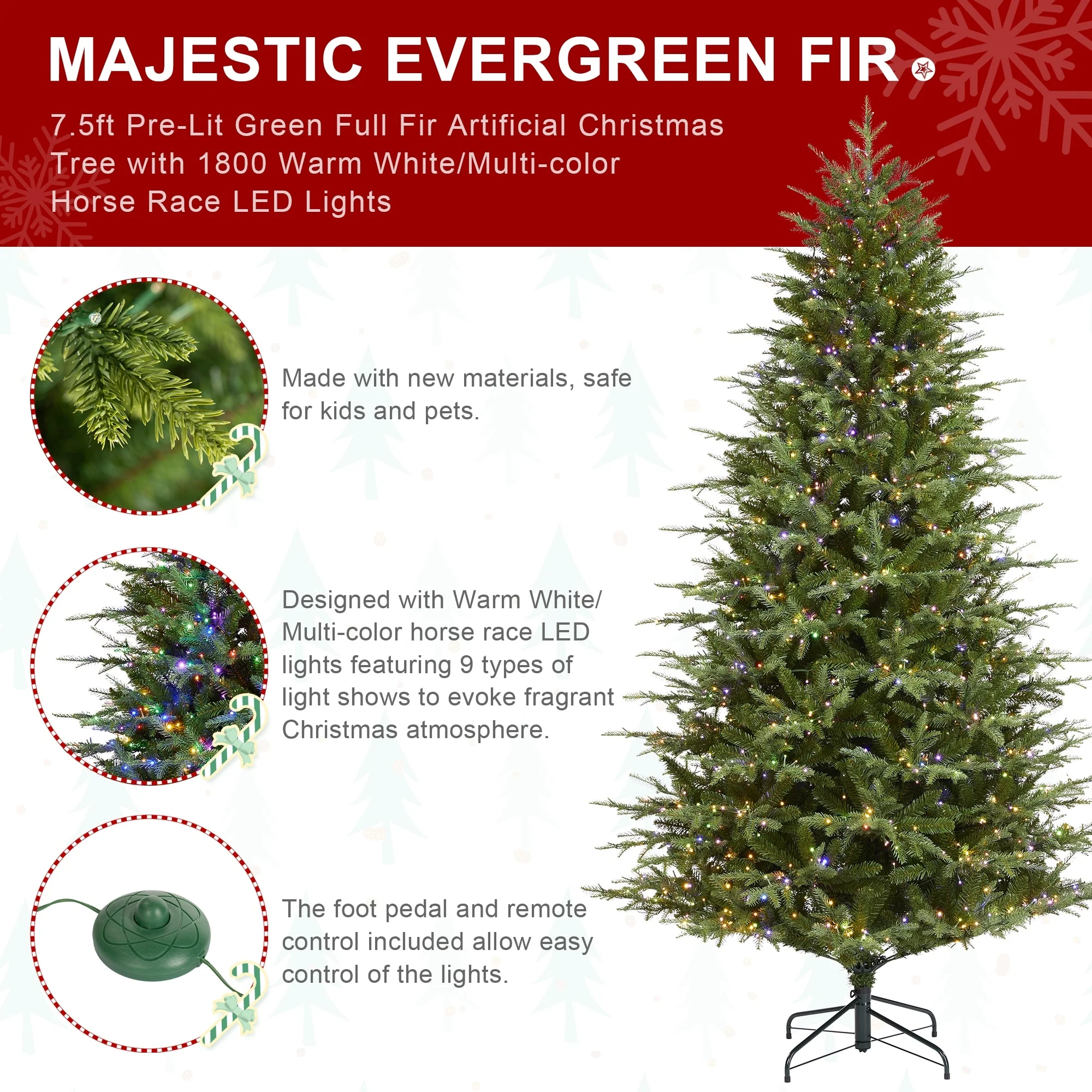 Glitzhome 7.5ft/9ft/11ft Pre-Lit Green Full Fir Artificial Christmas Tree with 1800/2450/3200 LEDs Simple Setup
