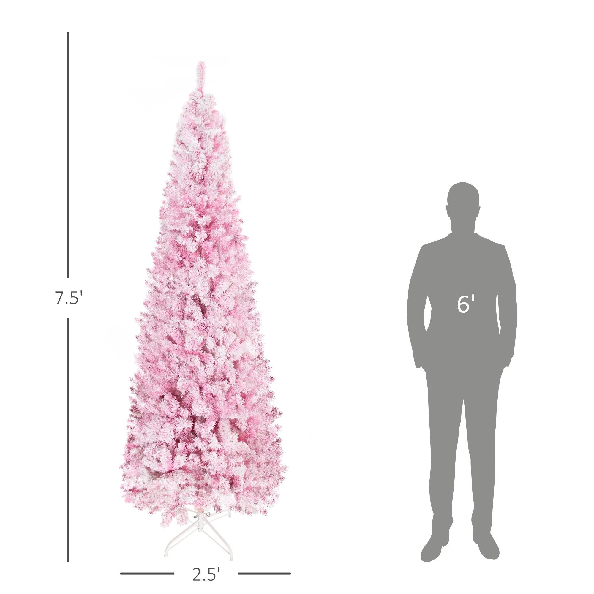7.5' Snow-Flocked Unlit Artificial Christmas Tree, Slim Pencil Shape with Realistic Branches and Pine Style