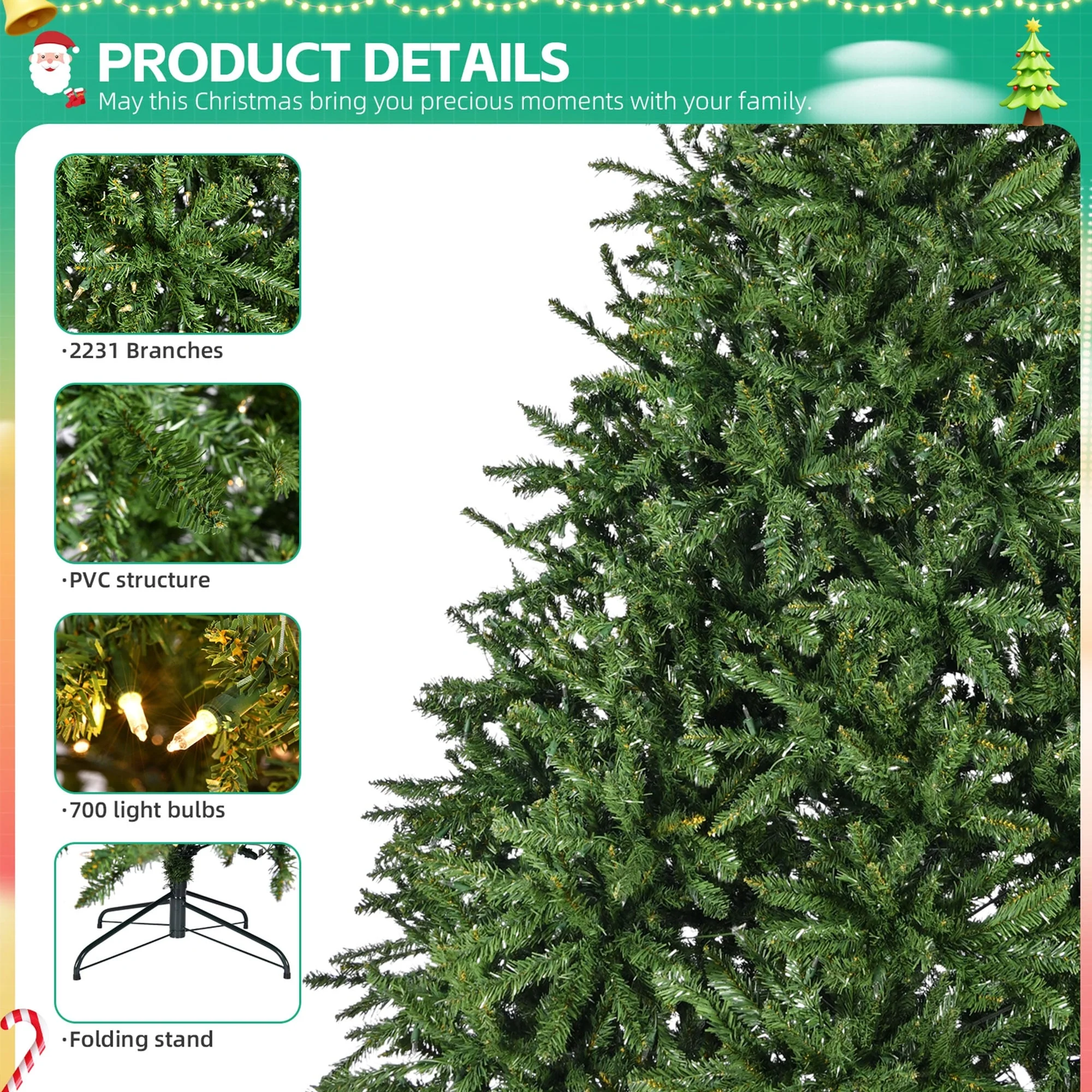 Full and Realistic 7ft Christmas Tree with 700 Warm White LEDs and 2231 Tips Easy Setup with Hinged Branches