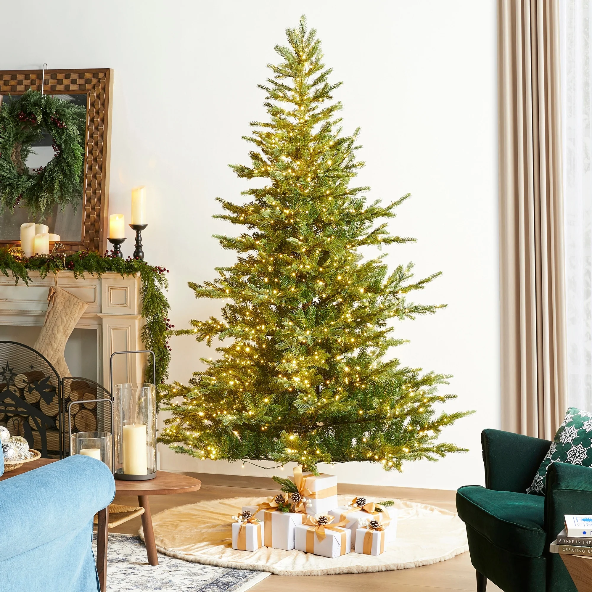 Glitzhome 7.5ft/9ft Pre-Lit Full Fir Artificial Christmas Tree w/Foot Pedal & Remote Control Simple Setup