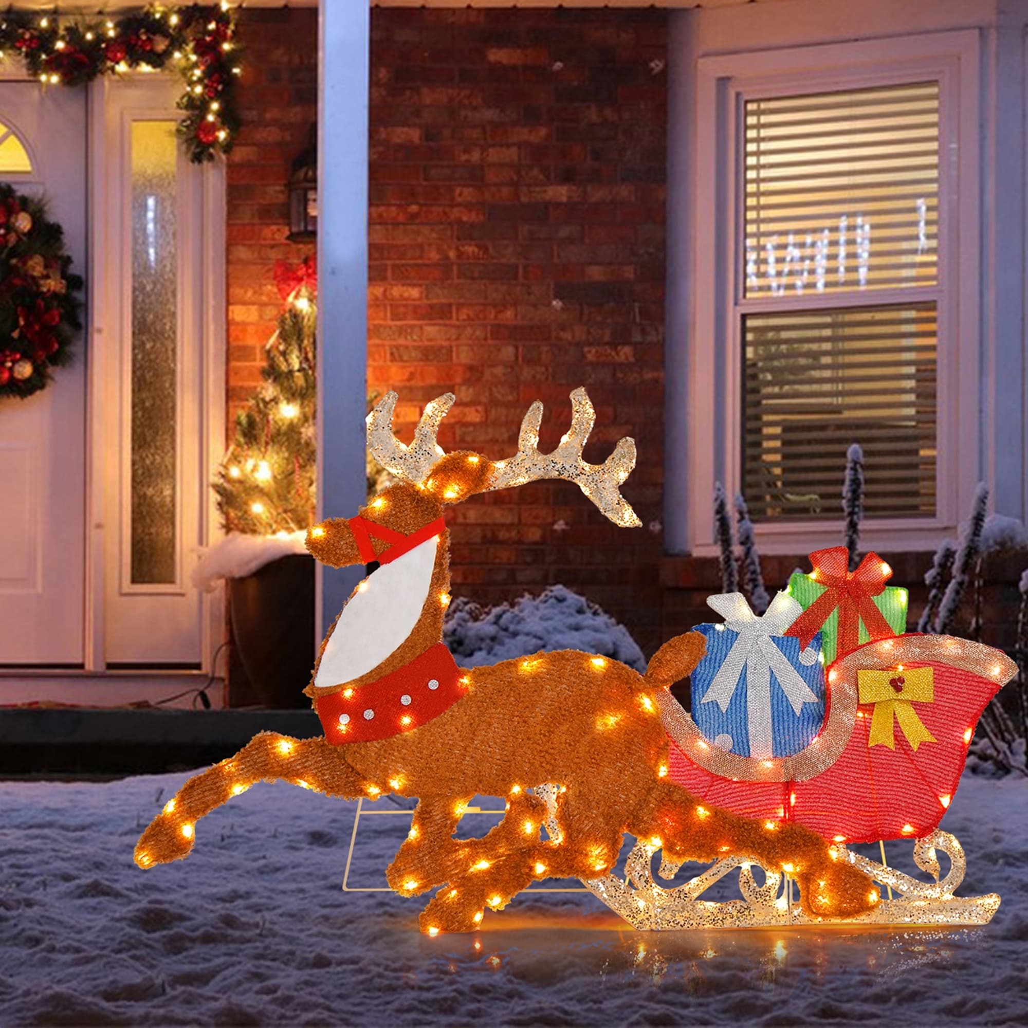 Costway Lighted 2D Christmas Reindeer and Sleigh Decoration Pre-Lit - Multi-color - See Details