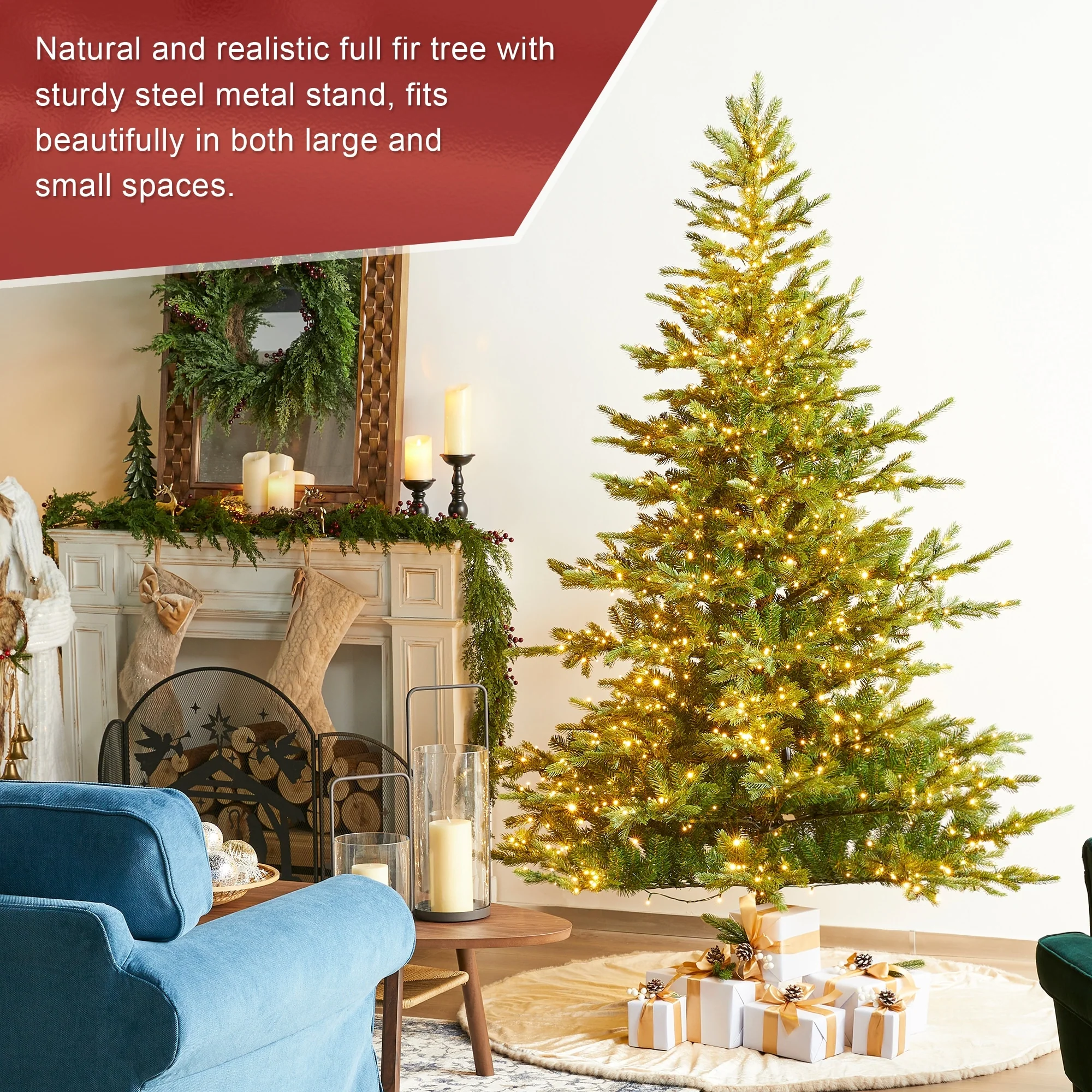 Glitzhome 7.5ft/9ft Pre-Lit Full Fir Artificial Christmas Tree w/Foot Pedal & Remote Control Simple Setup