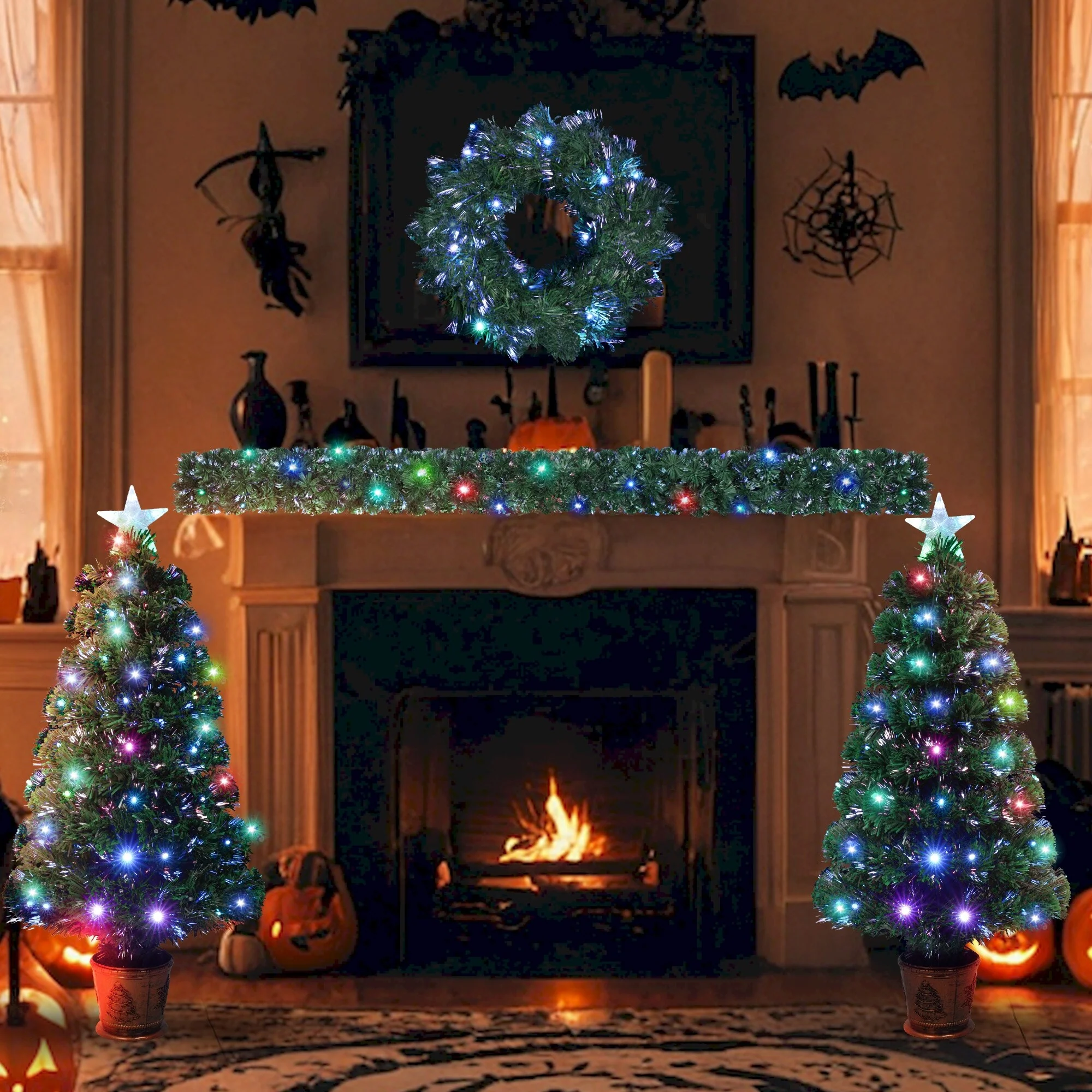 4-Piece Fiber Optic Christmas Tree Set with Entrance Trees, Garland & Wreath