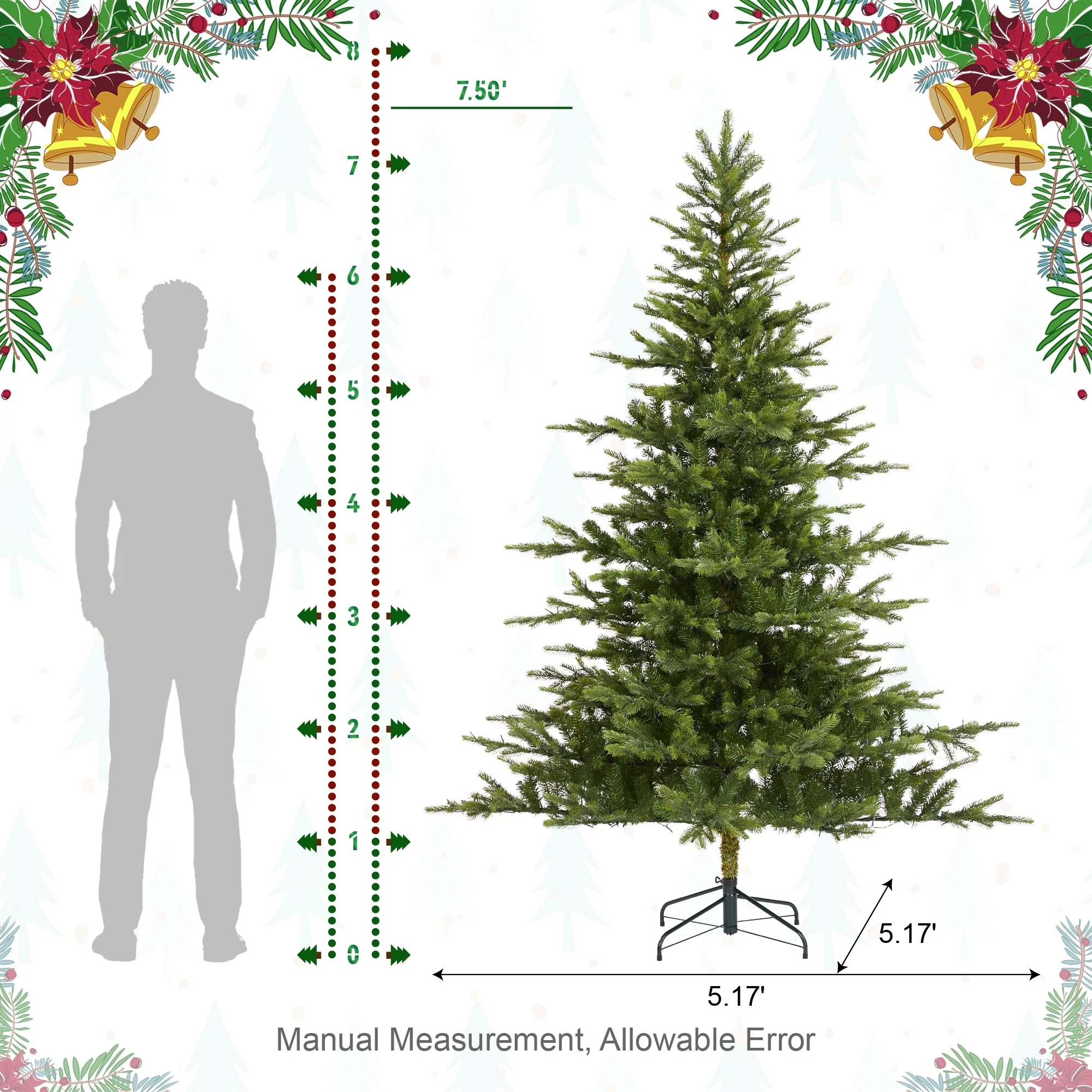 Glitzhome 7.5ft/9ft Pre-Lit Full Fir Artificial Christmas Tree w/Foot Pedal & Remote Control Simple Setup