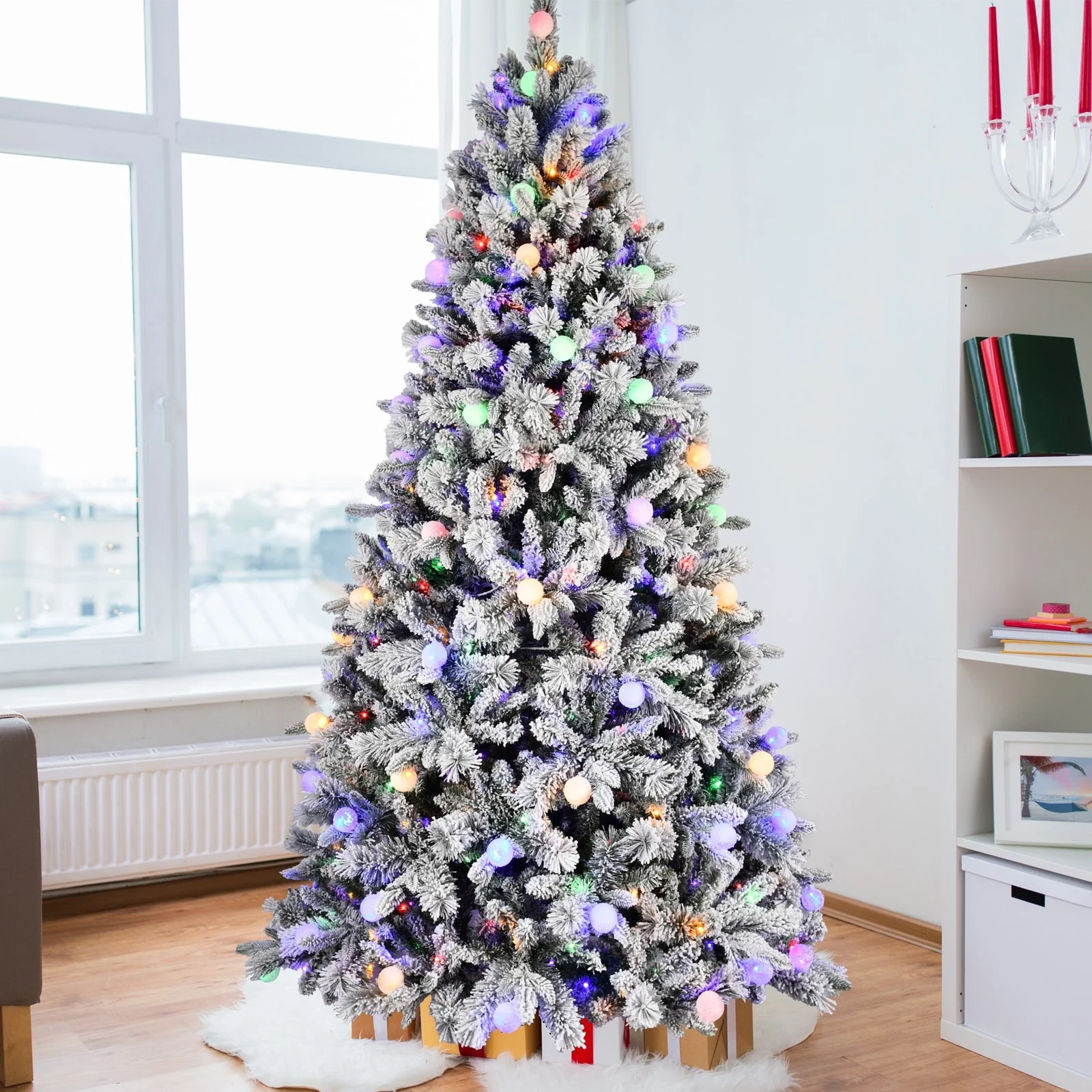 Lifelike Flocked Christmas Tree with Dual-Color LEDs, Easy Power Setup, and 10 Lighting Functions