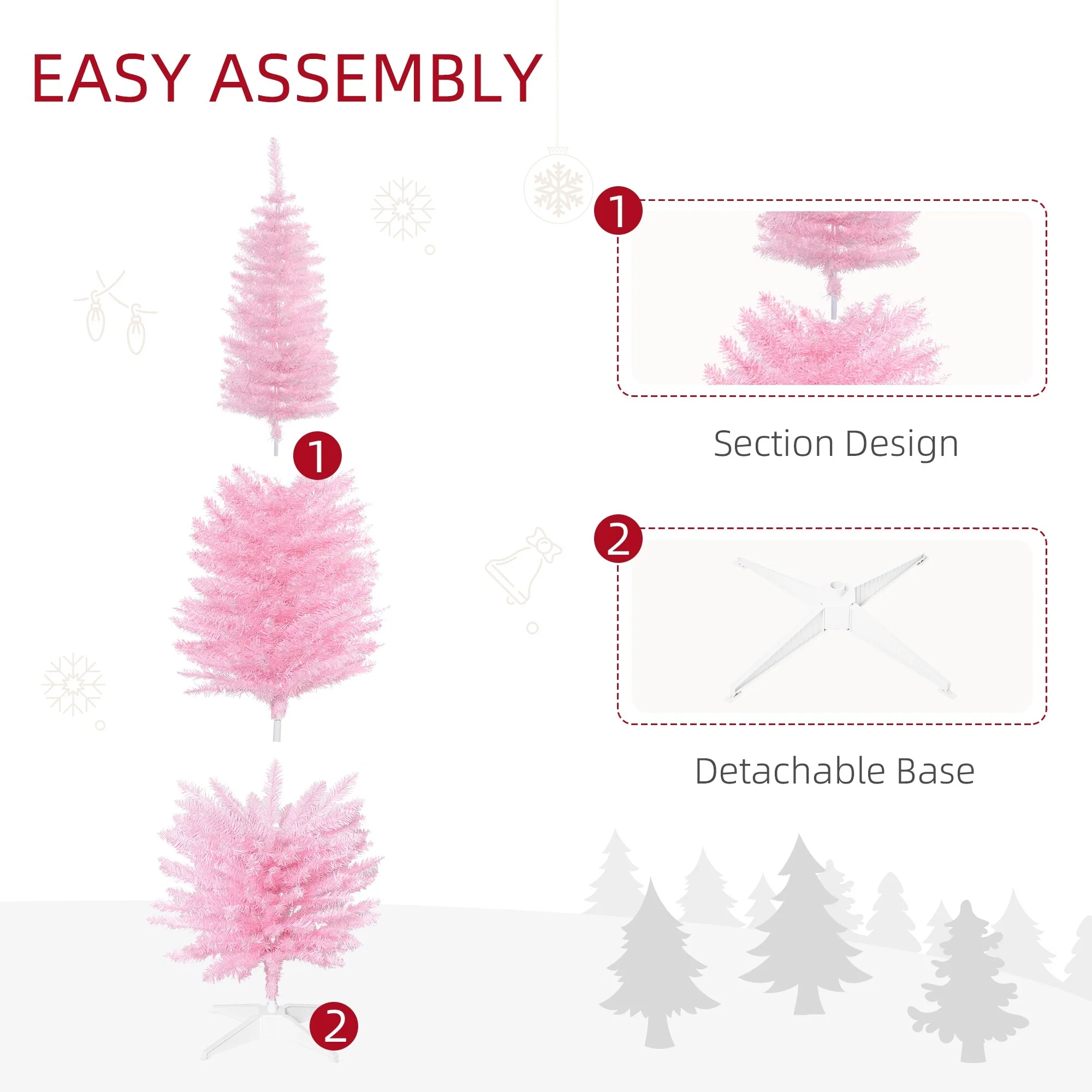 Snow-Flocked 6ft/5ft/7ft Pencil Christmas Tree, Slim Unlit Artificial Tree with Realistic Branches and Plastic Stand